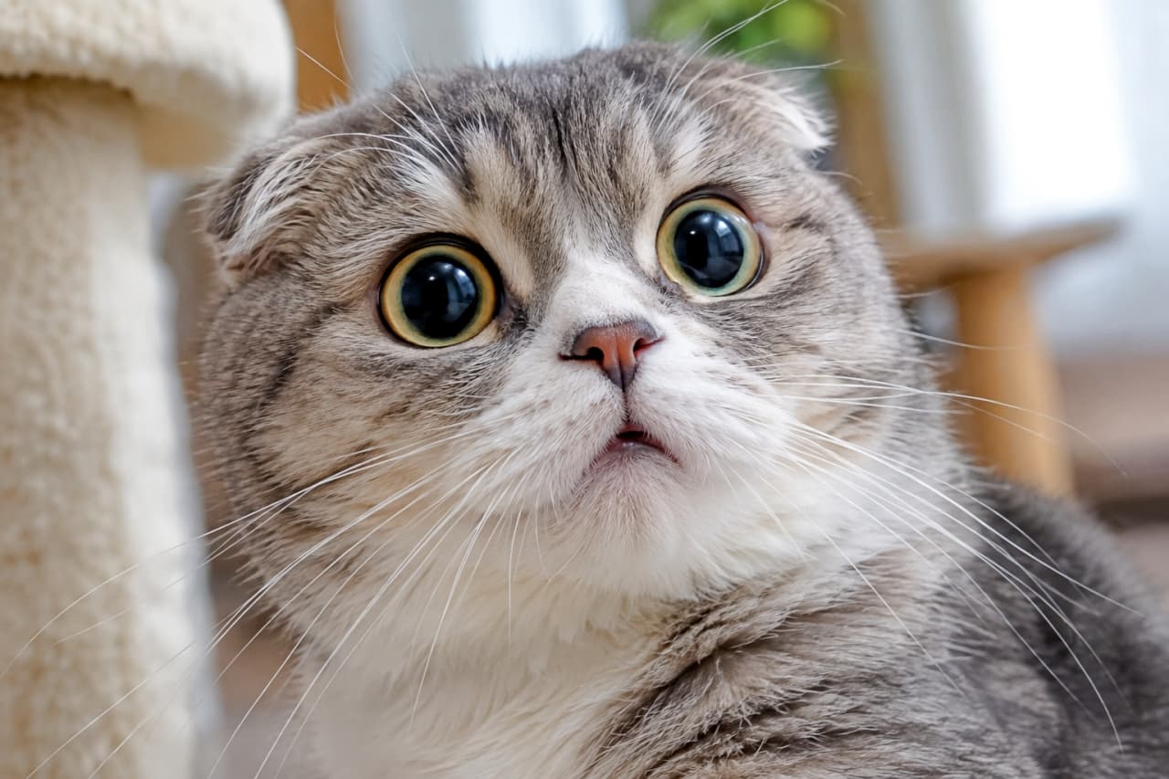 「えっ、今「おやつ」って言った!?🐟💥聞き逃さなかった瞬間の、完璧すぎるリアクション顔を激写しました!」Ultra-realistic high-quality close-up photograph of a Scottish Fold cat with a surprised expression, its eyes wide open as if it found something. Its small folded ears, plump muzzle, and silver tabby and white coat are realistically depicted in detail. A cat tree pillar is visible in the background, capturing a moment during playtime. 何かを見つけて目を真ん丸に見開く、驚いたような表情のスコティッシュフォールドのクローズアップ。小さな折れ耳と、ふっくらとしたマズル、シルバータビー&ホワイトの被毛が細部までリアルに描写されています。背景にはキャットタワーの柱が写り込み、遊びの最中の一瞬を切り取っています