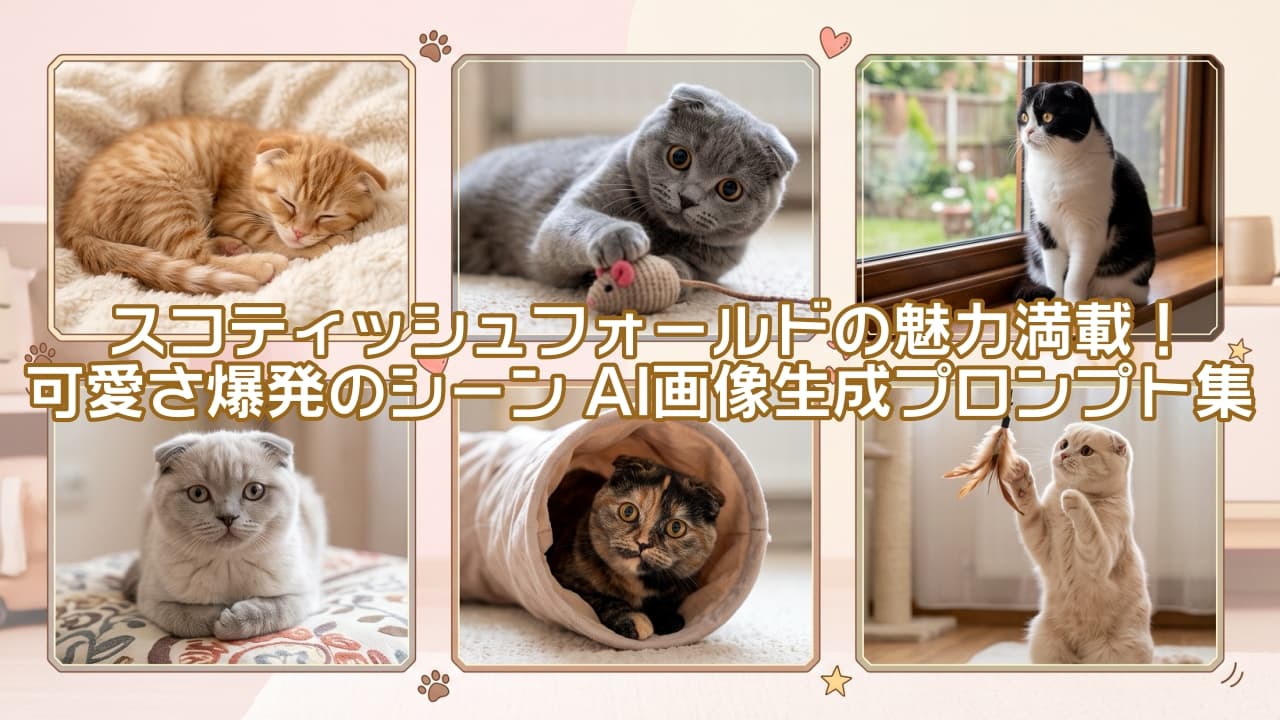「折れ耳スコティッシュの魅力をギュッと凝縮！表情豊かな6つの癒やしシーンをお届け🐾💕 #スコティッシュフォールド #猫のいる暮らし」Ultra-realistic high-quality photograph of a 6-grid collage eye-catcher image featuring Scottish Fold cats on a soft pink background decorated with cute paw prints and hearts. The collage displays six framed scenes: a sleeping orange tabby kitten, a blue cat playing with a mouse toy, a tuxedo cat sitting at a windowsill, a silver cat on a cushion, a tortoiseshell cat peeking from a tunnel, and a cream cat reaching for a feather toy. 淡いピンク色の背景に肉球やハートのイラストがあしらわれた、スコティッシュフォールドの魅力を凝縮した6コマのコラージュアイキャッチ画像。すやすや眠る茶トラ子猫、おもちゃで遊ぶブルーの猫、窓辺に佇むハチワレ猫、クッションでくつろぐシルバー猫、トンネルから顔を出すサビ猫、羽のおもちゃに戯れるクリーム猫の6つの様々な表情やポーズが、金枠のフレーム内に高精細に美しく配置されています