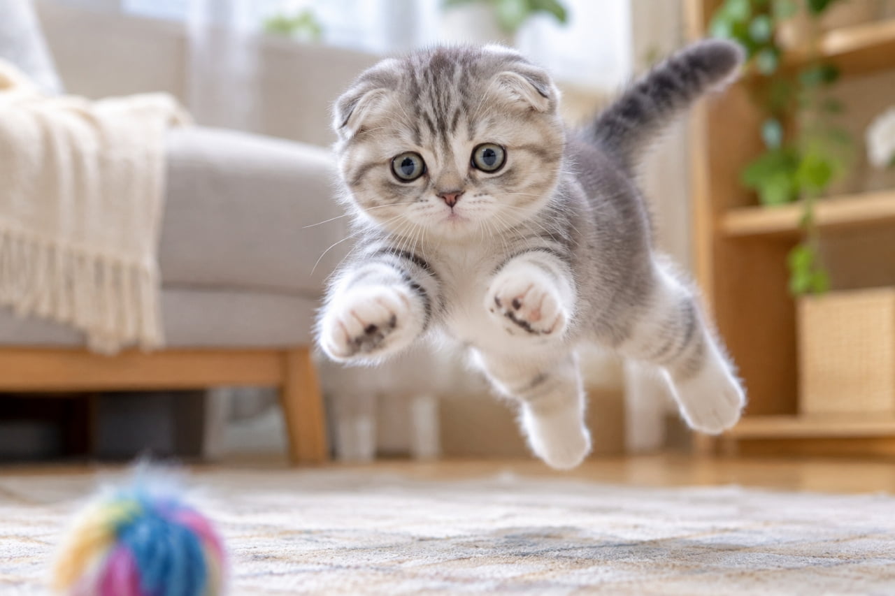 「見よ、この見事な飛行姿勢✈️🐾毛糸玉に一直線にダイブする、元気いっぱいな空中戦の始まりです!」Ultra-realistic high-quality photograph of a Scottish Fold kitten with a silver tabby and white coat jumping in mid-air towards a colorful yarn ball in a living room bathed in soft natural light, locking its large round eyes on the target. 柔らかな自然光が差し込むリビングで、カラフルな毛糸玉に向かって空中ジャンプをする折れ耳のスコティッシュフォールドの子猫。シルバータビーとホワイトの被毛をふわりとなびかせ、真ん丸な瞳で獲物をロックオンする躍動感あふれる瞬間を捉えています