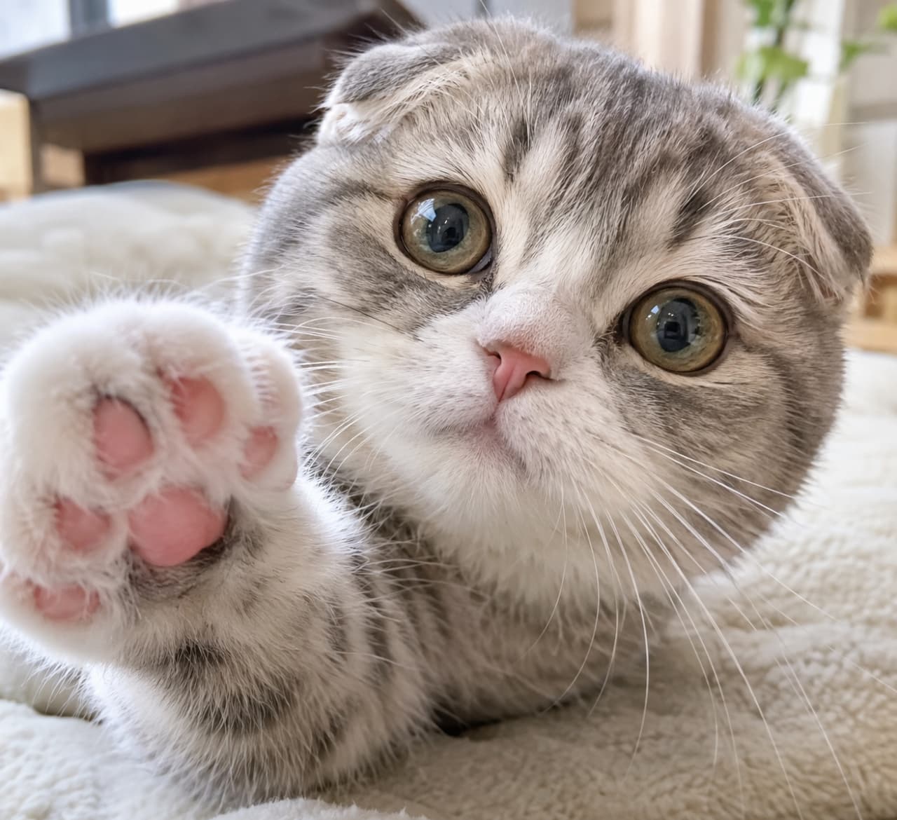「画面越しのハイタッチ!🐾💕ぷにぷにのピンクの肉球が迫ってくる至福のアングルでお届けします!」Ultra-realistic high-quality photograph of a Scottish Fold cat with folded ears reaching its right front paw out to the camera, as if trying to touch the screen. The adorable pink paw pads are greatly emphasized in the foreground, while its round face with silver tabby and white fur peeks from behind. In bright natural light, its large eyes and curious expression create an interactive connection. カメラに向かって右の前足をいっぱいに伸ばし、画面に触れようとしている折れ耳のスコティッシュフォールド。可愛らしいピンク色の肉球が手前に大きく強調され、シルバータビーとホワイトの被毛を持つ丸い顔が奥から覗き込んでいます。明るい自然光の中、大きな瞳と好奇心旺盛な表情がインタラクティブな繋がりを感じさせます