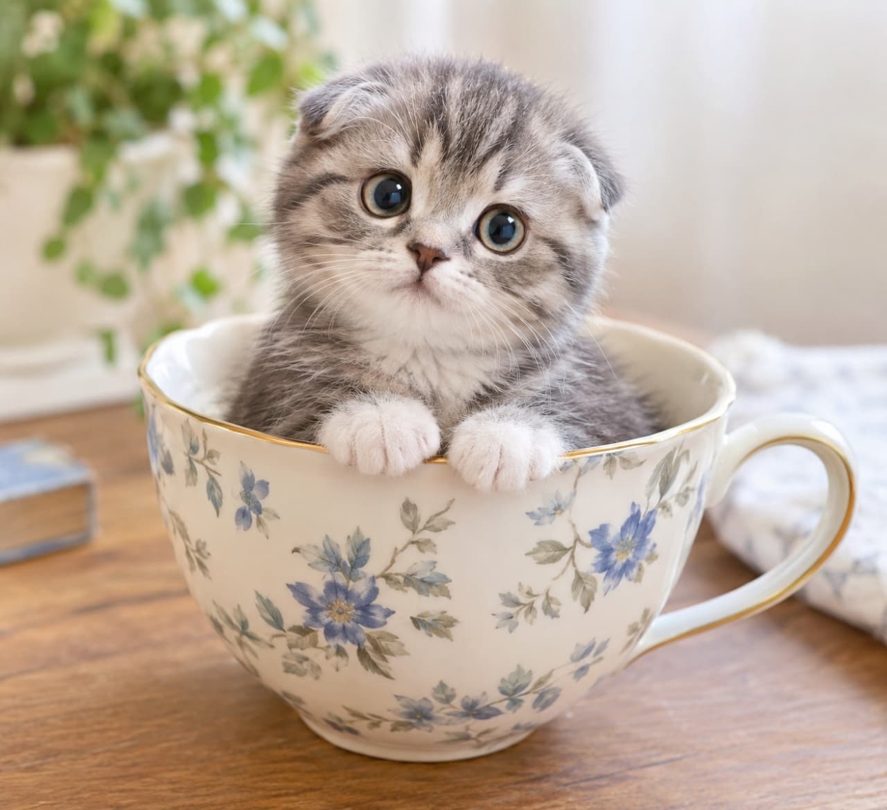 「世界一甘くて可愛いティータイムのお届けです☕️🌸カップにすっぽり入っちゃう小ささに、心臓が爆発しそう!」Ultra-realistic high-quality photograph of a Scottish Fold kitten sitting perfectly inside an antique-style teacup with a blue floral pattern on a wooden table. Its small white paws resting on the rim, fluffy silver tabby head, and large eyes looking with an innocent, slightly puzzled expression exude immense cuteness. 木製のテーブルに置かれた、青い花柄が描かれたアンティーク調のティーカップの中にすっぽりと収まっているスコティッシュフォールドの子猫。カップの縁にちょこんと乗せた白い小さな前足と、シルバータビーのふわふわな頭、少し困ったようなあどけない表情で見つめる大きな瞳が強烈な可愛さを放っています