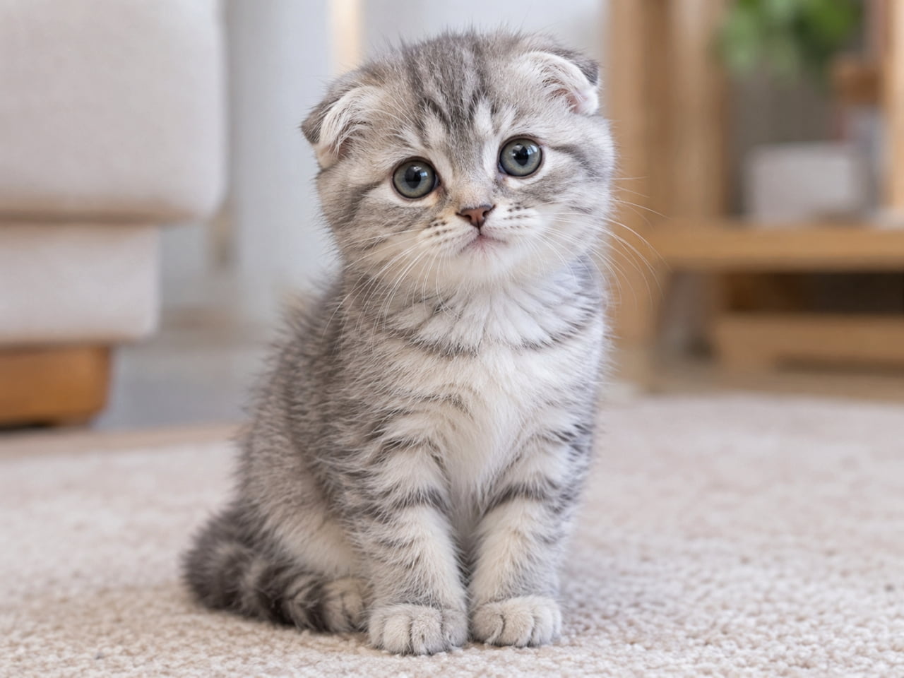 「ぬいぐるみがお座りしているのかと思いました🧸🐾このあどけない表情、ずっと眺めていられる至福の時間をどうぞ!」Ultra-realistic high-quality photograph of a Scottish Fold kitten sitting adorably on a soft beige rug. Its fluffy pale silver tabby coat and large eyes staring straight ahead with an innocent expression are characteristic. The sofa and houseplants in the background create a warm and peaceful indoor atmosphere. ベージュの柔らかなラグの上で、ちょこんとお座りをするスコティッシュフォールドの子猫。淡いシルバータビーのふわふわとした被毛と、あどけない表情で真っ直ぐに見つめる大きな瞳が特徴的です。背景のソファや観葉植物が、温かく穏やかな室内の雰囲気を演出