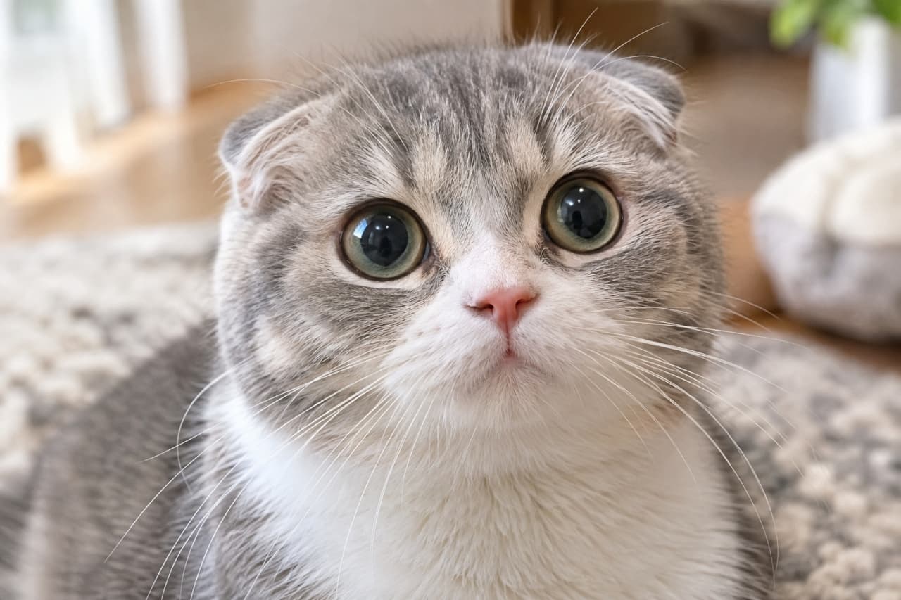 「吸い込まれそうなビー玉おめめに降伏宣言🙌💕こんなお顔で見つめられたら、もう画面から離れられません!」Ultra-realistic high-quality extreme close-up photograph of a Scottish Fold cat's face. The contrast between its silver tabby fur and pure white muzzle is beautiful, and its large, clear, glass-like round eyes stare straight back at the camera, strongly drawing the viewer's gaze. 画面いっぱいに広がる、折れ耳のスコティッシュフォールドの超クローズアップ写真。シルバータビーと真っ白なマズルのコントラストが美しく、ガラス玉のように透き通ったつぶらで大きな瞳がカメラを真っ直ぐに見つめ返し、見る者の視線を強く引き付けます