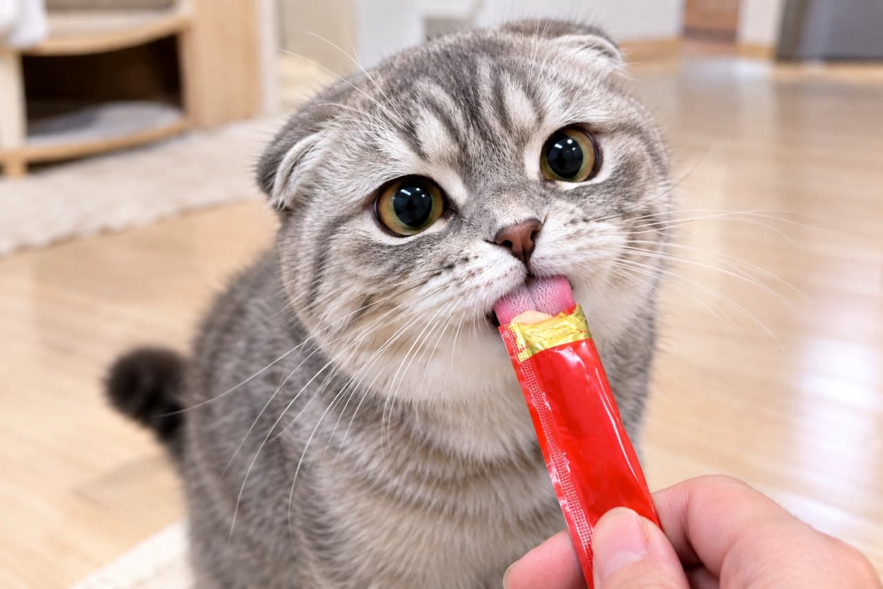 「おやつターイム!🎉あまりの美味しさに瞳が真ん丸になっちゃう、食いしん坊全開の最高なお顔です!」Ultra-realistic high-quality close-up photograph of a Scottish Fold cat with a silver tabby coat happily licking a stick treat from a red package held by a human hand. Its round face, wide-open dilated eyes filled with delight, and pink tongue are realistically depicted. 室内で、人間の手から赤いパッケージのスティックおやつを美味しそうに舐める折れ耳のスコティッシュフォールド。シルバータビーの丸い顔と、美味しさに極限まで見開かれた黒目がちの大きな瞳、そしてペロリと出したピンクの舌がリアルに描写されています