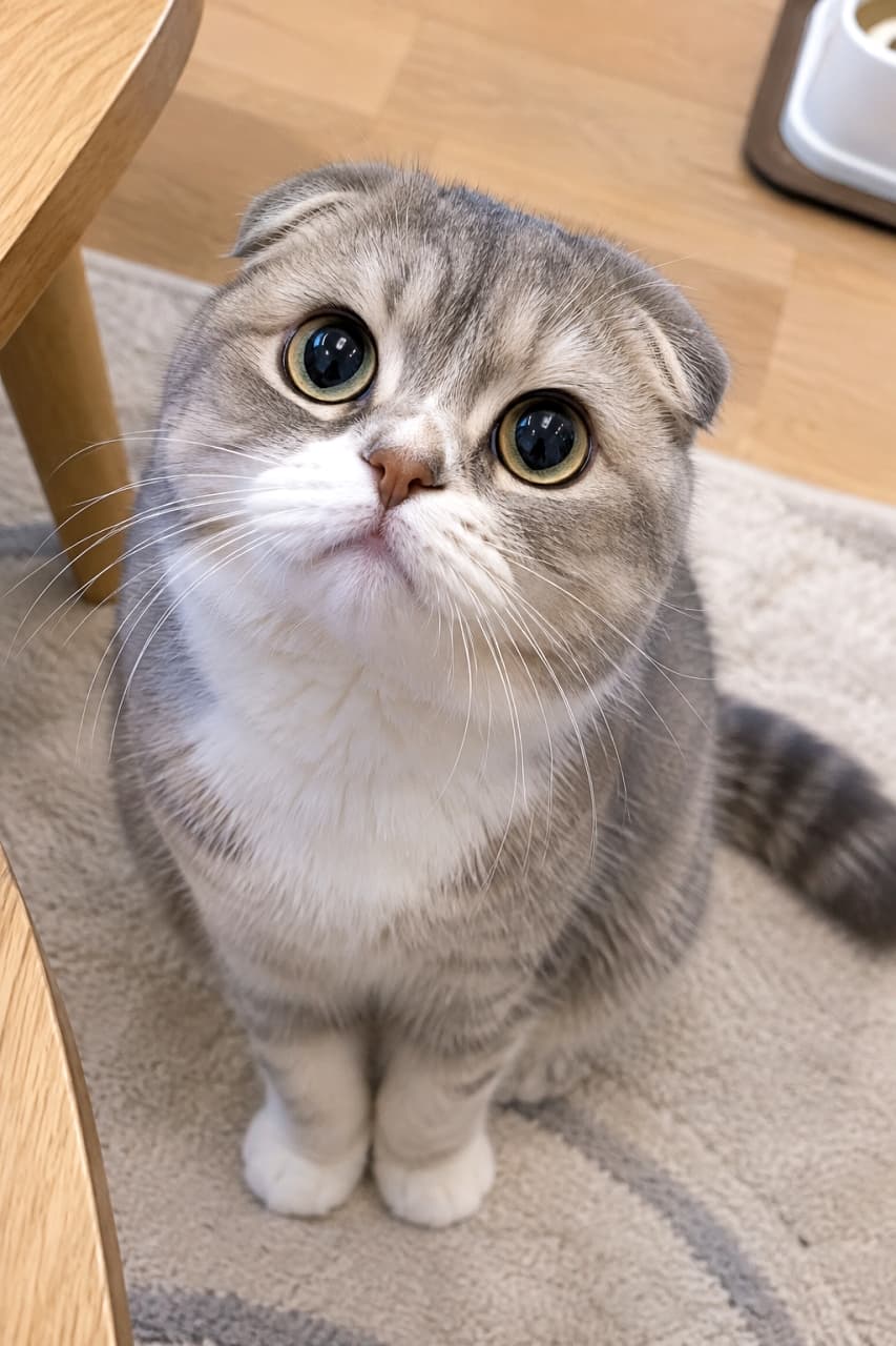 「そんなに見つめられたらおやつをあげるしかないよね🐟✨お行儀よくお座りして待つ姿が愛おしすぎます!」Ultra-realistic high-quality photograph of a silver tabby and white Scottish Fold cat sitting neatly with its front paws together on a gray rug indoors, looking straight up with large round eyes. Its characteristic small folded ears and fluffy white chest fur stand out. Hardwood flooring and wooden table legs are visible in the background, capturing a realistic everyday scene. 室内でグレーのラグの上に前足を揃えてお行儀よく座り、大きな丸い瞳で真っ直ぐに上目遣いをするシルバータビー&ホワイトのスコティッシュフォールド。特徴的な小さな折れ耳と、ふんわりとした白い胸元の毛並みが際立っています。フローリングや木製テーブルの脚が背景に写り込み、日常のワンシーンをリアルに切り取っています