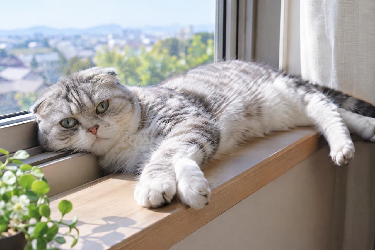 「ぽかぽか陽気で眠たくなっちゃったかな?🌸窓際で日向ぼっこを満喫中の、極上のリラックスタイムをお裾分け!」Ultra-realistic high-quality photograph of a Scottish Fold cat with a silver tabby and white coat lounging relaxed on a wooden windowsill bathed in bright sunlight. Its pale green eyes looking slightly languidly at the camera are striking against the background of a beautiful cityscape. 明るい陽光が差し込む窓辺の木枠の上で、リラックスして寝そべる折れ耳のスコティッシュフォールド。シルバータビーとホワイトの被毛が光を受けて輝き、少し気怠げにこちらを見つめる淡いグリーンの瞳が印象的です。背景には美しい街並みが広がっています