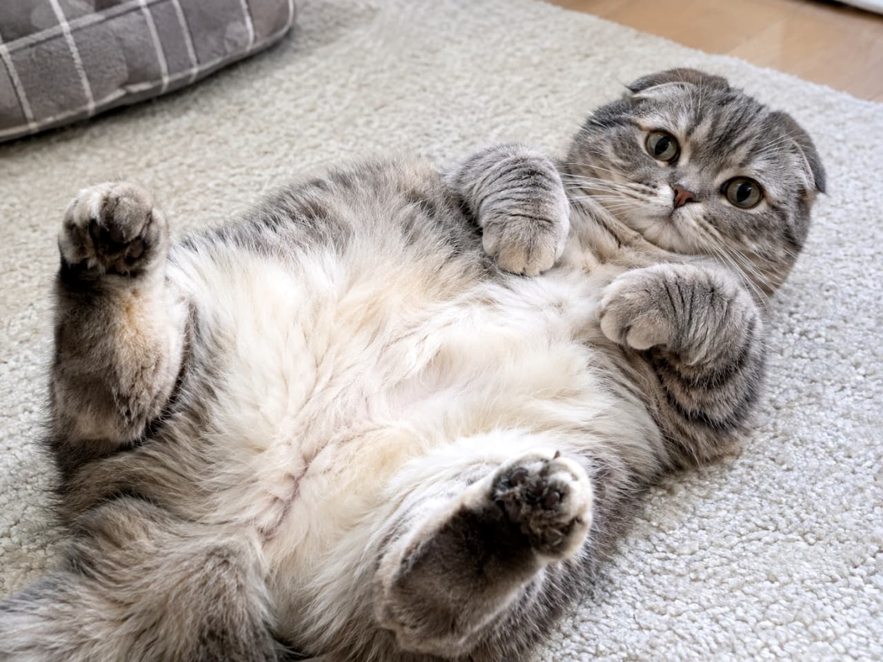 「もふもふのお腹へのダイブ大歓迎☁️🐾無防備すぎるへそ天ポーズで今日のお疲れも全部吹き飛びますね!」Ultra-realistic high-quality photograph of a Scottish Fold cat with folded ears lying on its back on a soft beige rug in a defenseless, relaxed pose. The beautiful silver tabby coat and the fluffy white texture of its belly are prominent. A gray plaid cushion is subtly visible in the background, capturing an everyday scene in relaxed, gentle indoor lighting. 柔らかいベージュのラグの上で仰向けになり、無防備なへそ天ポーズでくつろぐ折れ耳のスコティッシュフォールド。シルバータビーの美しい被毛と、真っ白でもふもふのお腹周りの質感が際立っています。背景にはグレーのチェック柄クッションが写り込み、リラックスした穏やかな室内光の中で日常のワンシーンを捉えています