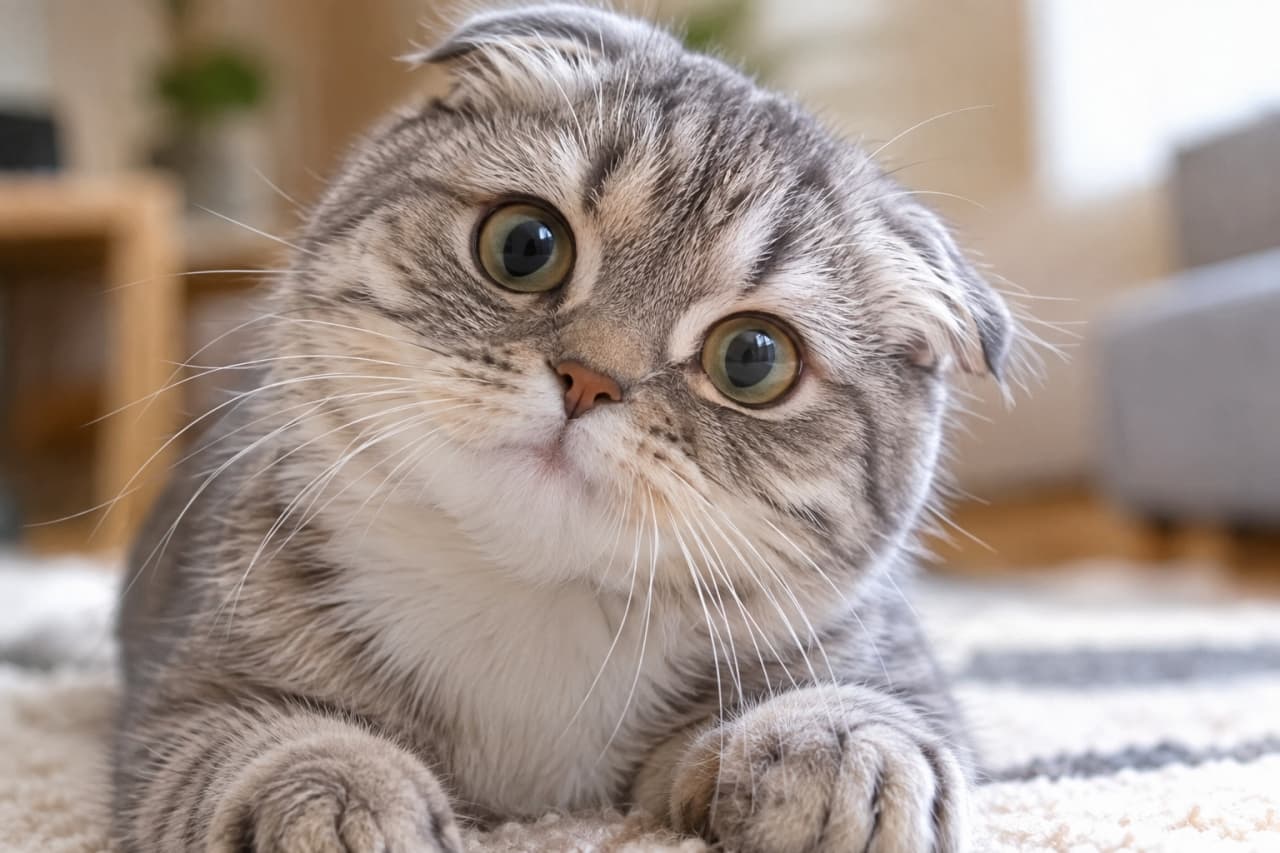 「え?いまおやつって言った?🐟✨こんなお顔で見つめられたら、なんでも言うこと聞いちゃいますね!」Ultra-realistic high-quality photograph of a Scottish Fold cat with a silver tabby and white coat tilting its head adorably on a soft rug. Its large, captivating round eyes and small folded ears are striking, set against a warm indoor background with natural wooden furniture. 柔らかなラグの上で、首をコテっとかしげてカメラを見つめる折れ耳のスコティッシュフォールド。シルバータビーとホワイトの被毛に、吸い込まれそうな大きな丸い瞳が印象的です。背景のナチュラルな木製家具が温かい室内の雰囲気を演出