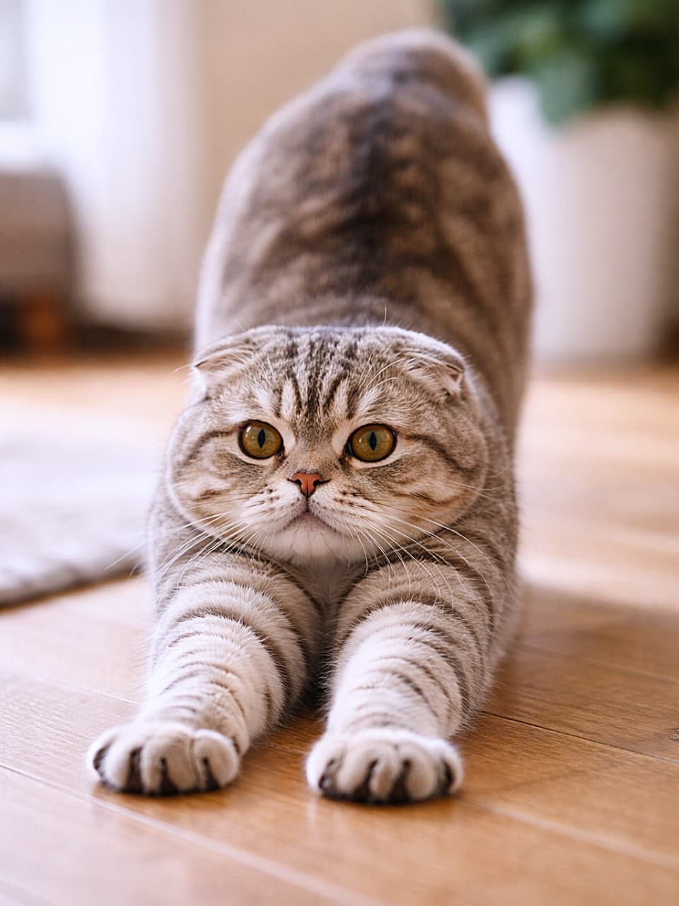 「ぐーっと前足を伸ばして気持ちよさそうにストレッチ中。丸い目でこちらを見つめる姿に、思わず一緒にのびをしたくなる癒しのひととき🐾」A photorealistic Scottish Fold cat stretching forward with its front paws extended on a wooden floor, looking directly at the camera. 木の床の上で前足をぐっと伸ばしてストレッチするスコティッシュフォールドが、カメラをまっすぐ見つめている様子