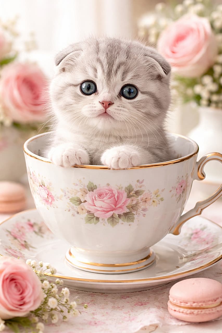「花柄ティーカップにちょこんと収まるスコティッシュフォールドの子猫。まんまるな瞳と折れ耳が愛らしく、見ているだけで気持ちがふわっとやわらぐ一枚です🐾」A photorealistic Scottish Fold kitten with folded ears and big round eyes sitting adorably inside a floral teacup, surrounded by soft pink flowers and macarons. 花柄のティーカップの中にちょこんと座るスコティッシュフォールドの子猫。丸い瞳と折れ耳が特徴で、周囲にはピンクの花やマカロンが並ぶフォトリアルなシーン