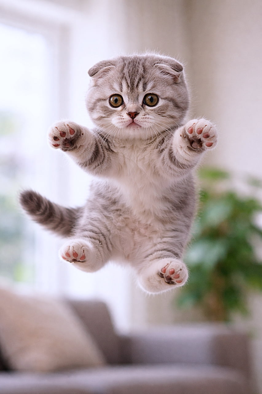 「ふわふわのスコティッシュフォールド子猫が空中でジャンプ!小さな肉球と折れ耳に癒やされちゃう一瞬です♪」A photorealistic Scottish Fold kitten mid-air in a playful jump, showing its folded ears, fluffy gray-white fur, and tiny paws. 遊んでいる途中で空中ジャンプするスコティッシュフォールドの子猫。丸く折れた耳とふわふわの毛、かわいい肉球が見えます