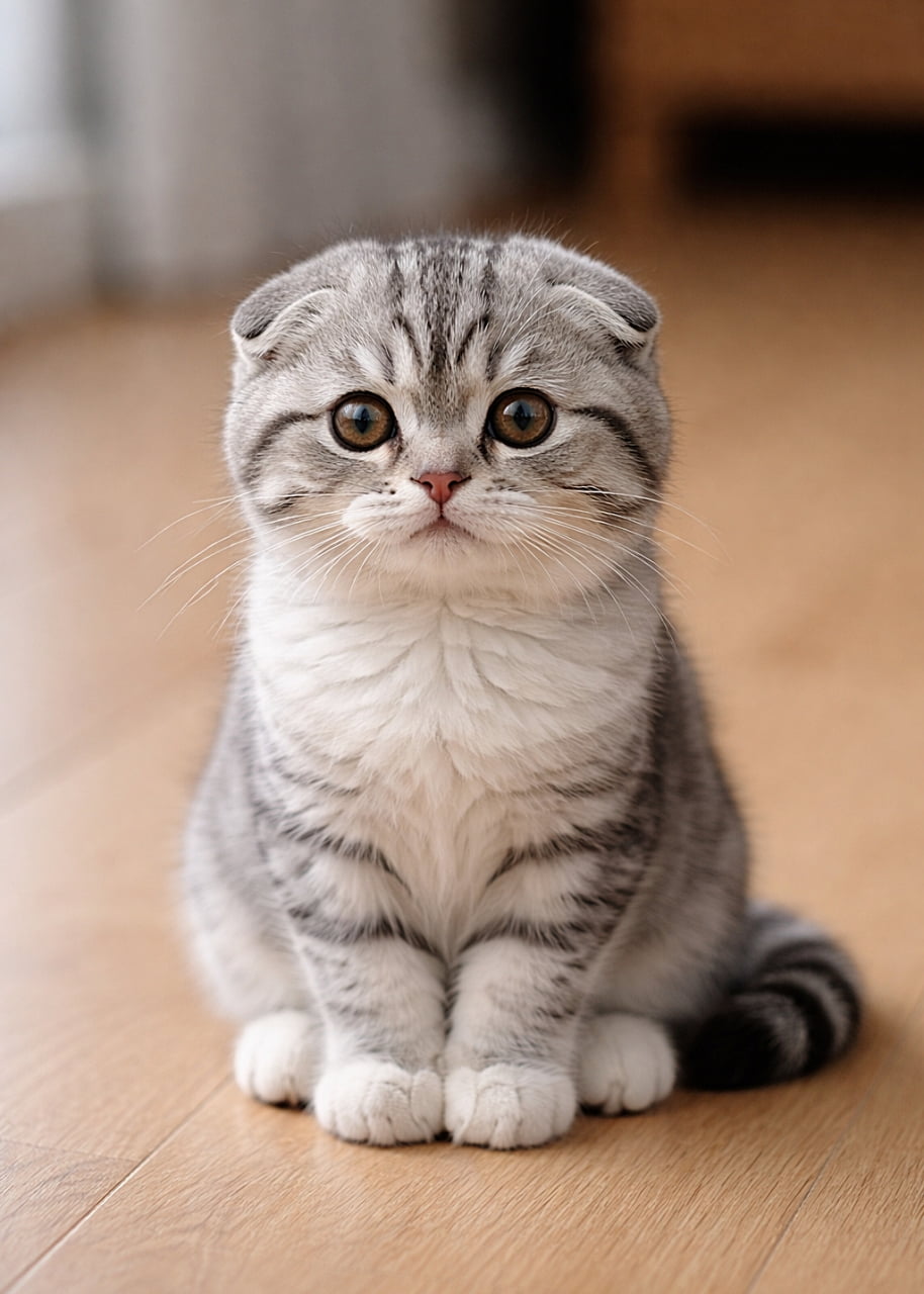 「ちょこんとお行儀よく座るスコティッシュフォールドの子猫。まんまるの瞳と折れ耳が愛らしく、見つめるだけで心がやわらぐ癒やしのワンシーン」A photorealistic Scottish Fold kitten sitting neatly on a wooden floor, with folded ears, round amber eyes, and a soft silver tabby coat with white chest and paws. 木の床の上にきちんと座るスコティッシュフォールドの子猫。折れ耳と丸い琥珀色の瞳、シルバータビーの柔らかな毛並みと白い胸元と足先が特徴