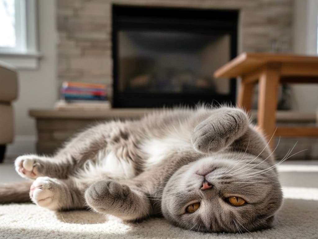 A Scottish Fold lies on its back on a carpet, paws curled, basking in warm sunlight. スコティッシュフォールドがカーペットの上で仰向けになり、丸まった前足でくつろいでいる