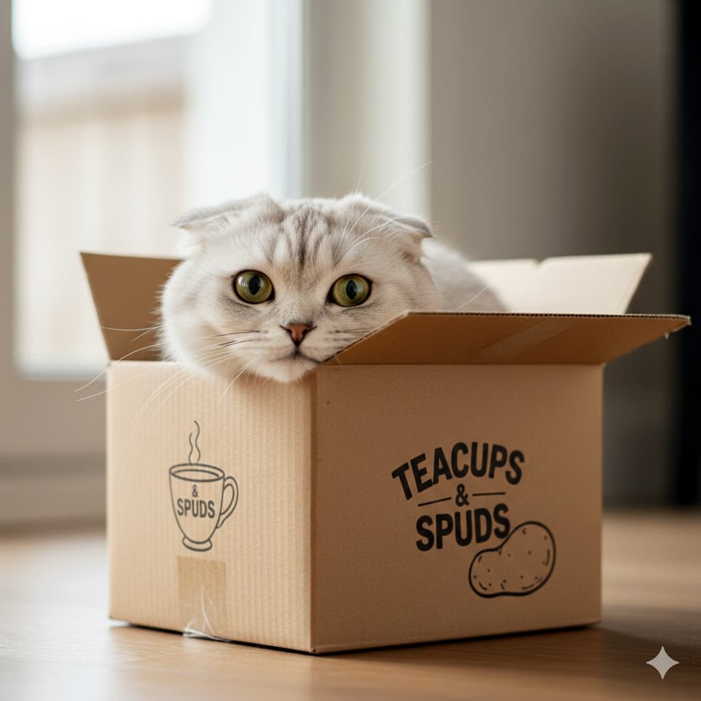 A Scottish Fold with light fur rests inside a box labeled “TEACUPS & SPUDS,” peeking over the edge. 「TEACUPS & SPUDS」と書かれた箱に入ってくつろぐスコティッシュフォールド。箱の縁に顔を乗せている