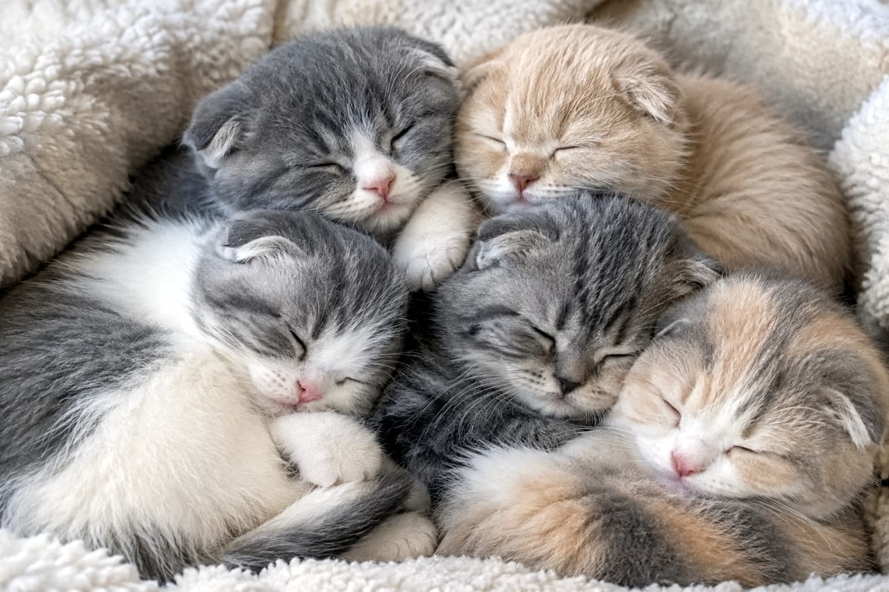 「🐾ふわふわ×もふもふの大渋滞…💕 ぎゅっとくっついて眠るスコティッシュの赤ちゃんたちに癒されちゃいます🥺 一緒にお昼寝したい方は「❤️」を押してね👇✨ #スコティッシュフォールド #子猫 #猫のいる暮らし」Ultra-realistic high-quality photograph of five Scottish Fold kittens cuddled together sleeping deeply on a soft, fluffy white blanket. Featuring their distinctive folded ears, tiny pink noses, and beautifully textured fur in blue-and-white, cream, blue tabby, and dilute calico patterns, creating a serene and heartwarming scene. 柔らかな白いボア毛布の中で、5匹のスコティッシュフォールドの子猫たちが身を寄せ合ってスヤスヤと眠る高画質なリアル画像。特徴的なペタリとした折れ耳に、ブルー&ホワイト、クリーム、ブルータビー、ダイリュートキャリコ(淡い三毛)など、色とりどりのフワフワな被毛が複雑に重なり合い、小さなピンク色のお鼻と穏やかな寝顔が極上の癒やしを演出