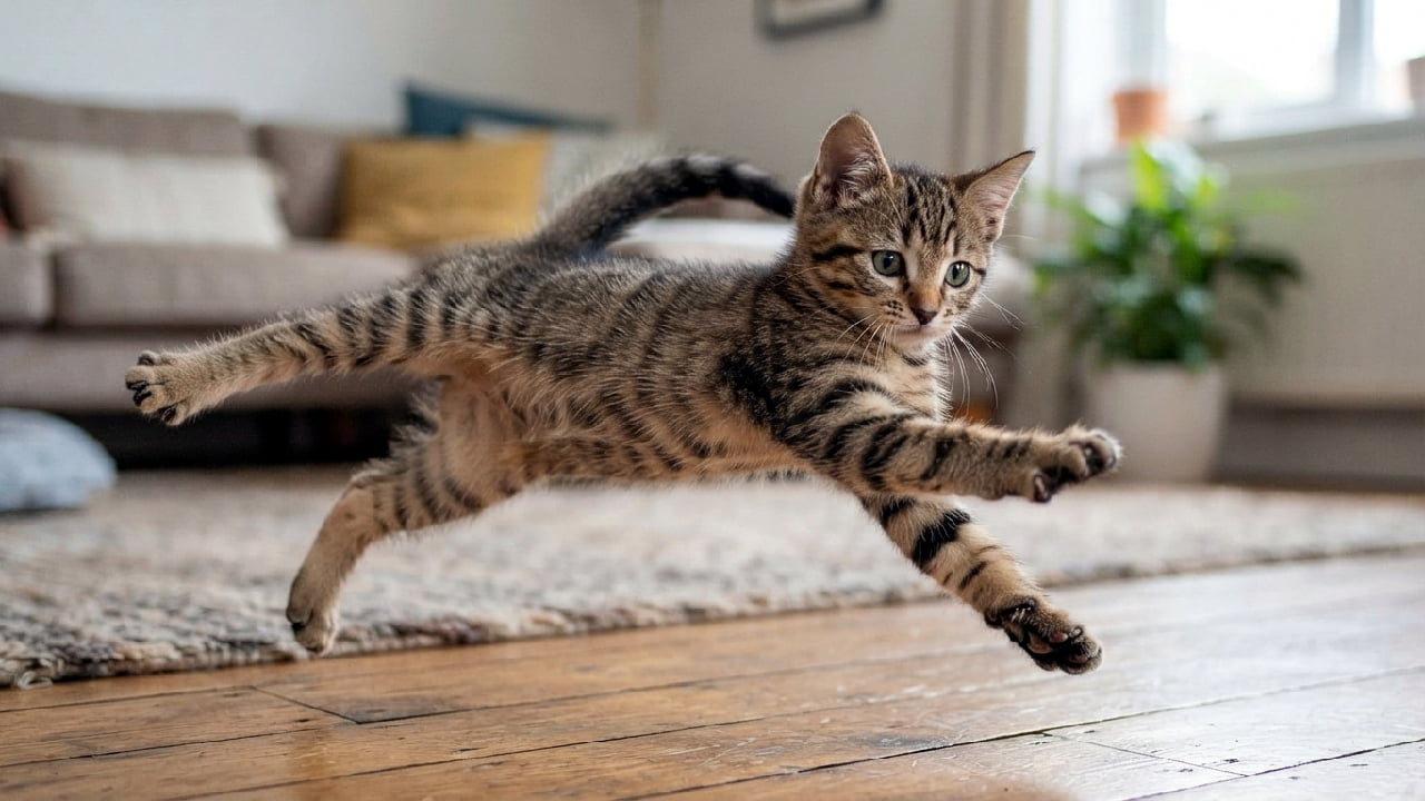 「我が家の新種「ムササビ猫」を発見!?この低空飛行、見事なカメラ目線でしょ?👀✨ #猫好きさんと繋がりたい #飛行猫」An ultra-realistic high-quality photograph of a brown tabby kitten gliding low to the ground in a modern living room. The kitten stares directly at the camera with wide, curious eyes, stretching its four limbs outward like a flying squirrel, against a softly blurred background. フローリングの床すれすれの低空を、四肢を左右に大きく広げて滑空するようにジャンプするキジトラの子猫。カメラを真剣な目で見つめ、ムササビのようなポーズで体をひねっています。背景にはシンプルなベージュのソファと、白い鉢に植えられた観葉植物が柔らかくボケています