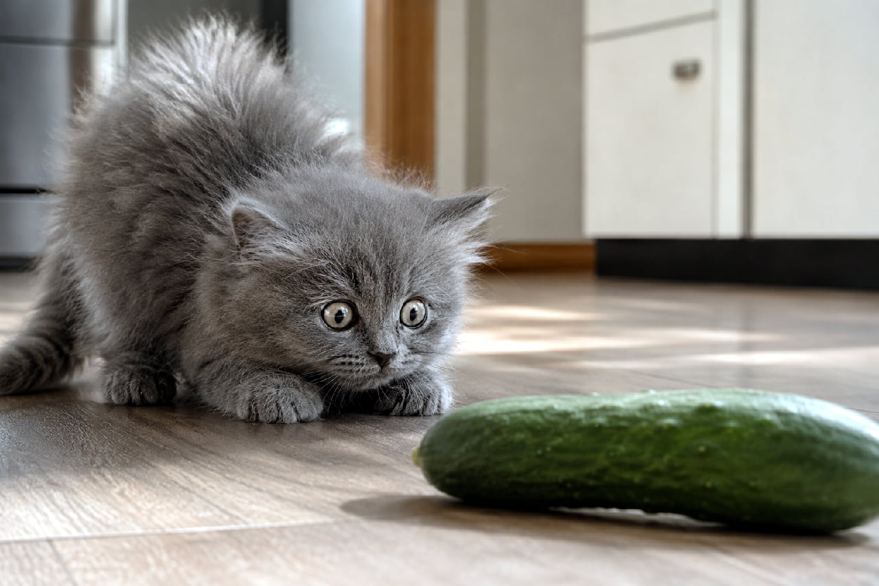 「未知の物体「きゅうり」との遭遇🥒🐈 警戒レベルMAXのへっぴり腰がたまらなく可愛いですよね🥺✨ #猫のいる暮らし #おもしろ猫 #子猫」Ultra-realistic high-quality photograph of a fluffy grey kitten crouching very low on a wooden floor, staring intensely at a green cucumber with wide, dilated eyes. The kitten shows a highly cautious posture. Soft natural light and blurred kitchen cabinets are visible in the background. 長毛で灰色のふかふかした被毛を持つ子猫が、フローリングの床に置かれた緑色のきゅうりを極度の警戒心で見つめている高画質写真。体を極端に低く沈めたへっぴり腰のポーズで、まん丸の目は瞳孔が開ききっている。背景にはボケ味のあるキッチンのキャビネットと、窓からの柔らかな自然光が差し込んでいる