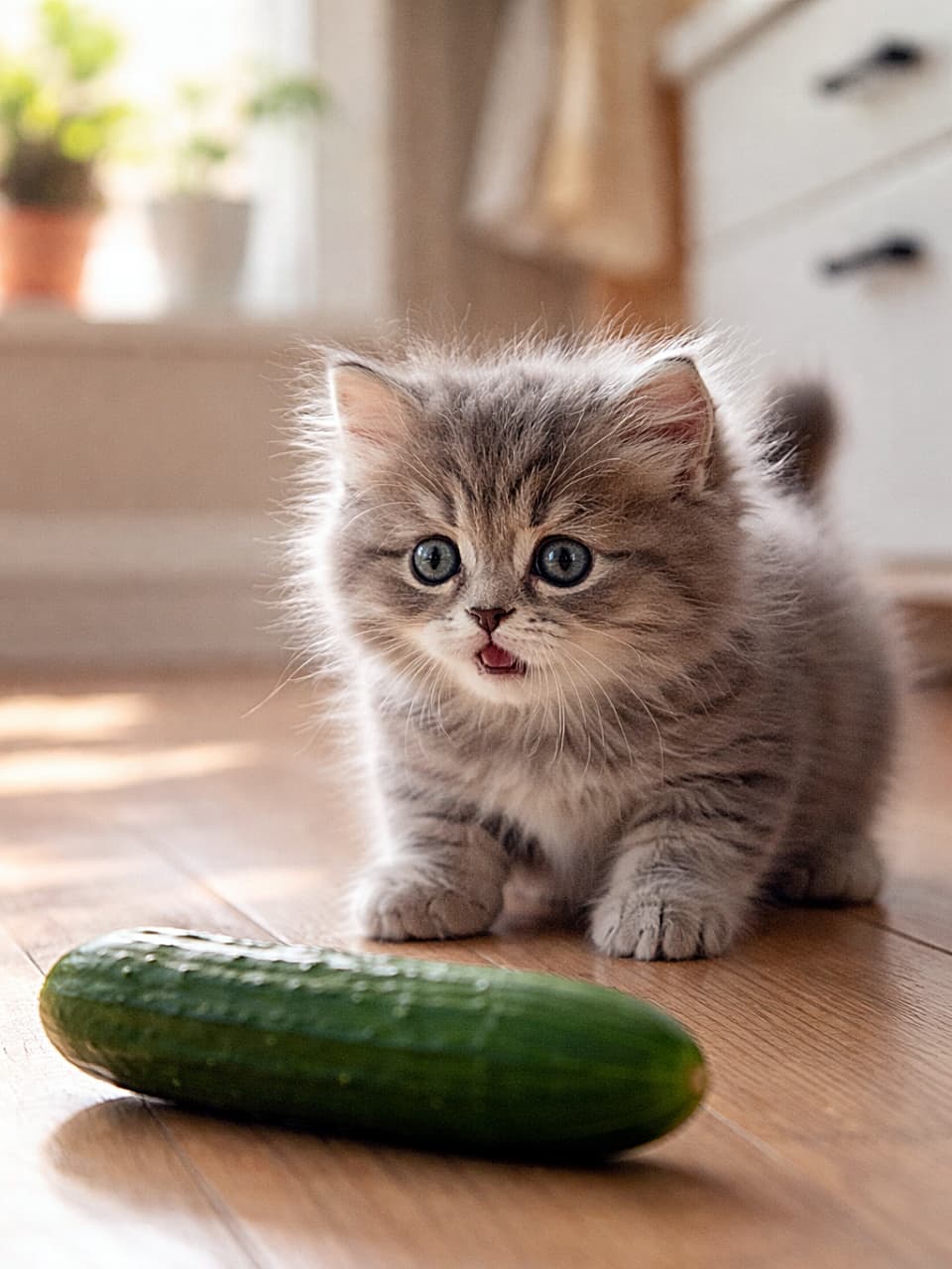 「キッチンの床に転がるきゅうりを見つめて、思わず目をまん丸にしたグレーの子猫。朝のやわらかな光の中、思いがけない出会いにびっくりの瞬間🐾🥒」Fluffy gray kitten staring wide-eyed at a cucumber on a wooden kitchen floor, surprised expression in soft morning light. キッチンの木の床に置かれたきゅうりを目の前にして、目を丸くして驚いた表情を見せるふわふわのグレーの子猫。朝のやわらかな光