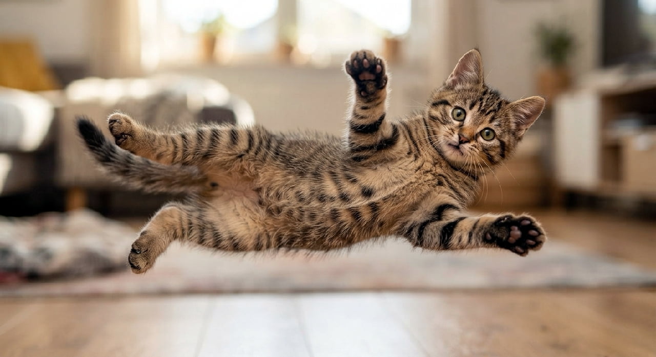 「もしかして…宇宙人と交信中かにゃ?🛸「ハロー、地球の皆さん!」って挨拶してるみたい🐾 #宇宙猫 #浮遊 #空中ポーズ」An ultra-realistic high-quality photograph of a brown tabby kitten hovering horizontally in mid-air. The kitten looks curiously at the camera with round eyes, raising one paw as if waving, showing its spotted tummy above a blurred wooden floor. 温かみのある北欧風リビングの床から少し浮いた位置で、完全に水平に浮遊しているように見えるキジトラの子猫。左前脚を前に伸ばし、右前脚を天に向けて挙げています。お腹のヒョウ柄のようなスポット模様が見え、丸い瞳でカメラを不思議そうに見つめています