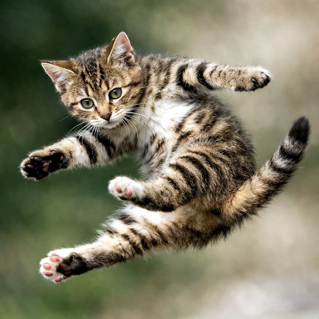 「これぞ空中忍法「ねこひねりの術」!見事なポーズ、決まったにゃ!にんにんっ!🥷💥 #ニンジャ猫 #空中ポーズ」An ultra-realistic high-quality photograph of a striped mackerel tabby kitten executing a dynamic twist in mid-air. The kitten looks intensely at the camera, stretching one paw forward like a martial artist, set against a dark green leafy backdrop. 深緑のボケ背景の中、空中で体を斜めに大きくひねり、右前脚を前に突き出しているマッカレルタビー(キジトラ)の子猫。全身にびっしりと入った黒い縞模様が美しく、カメラを強い意志に満ちた瞳で見つめています。尾が右上にピンと立っています