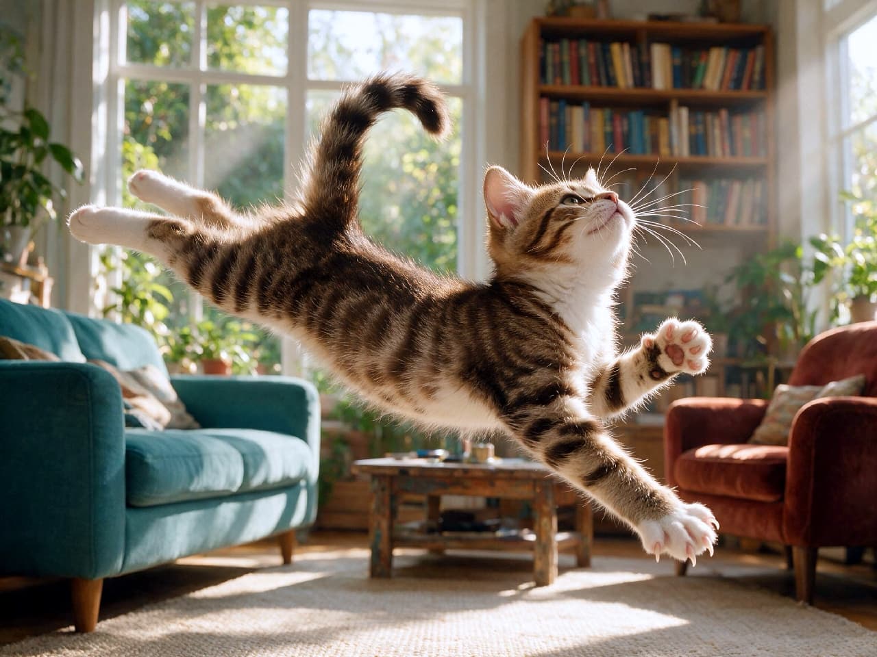 「重力なんて忘れちゃった!お日様に向かって、華麗に大ジャンプにゃーーッ!☀️🐈✨ #猫のいる暮らし #空中浮遊」An ultra-realistic high-quality photograph of a playful brown tabby and white kitten mid-jump, arching its body in a beautiful C-curve in a sunlit living room. The kitten looks up with sparkling eyes, with its paws outstretched. Cozy retro bookshelf and teal sofa blur beautifully in the warm background light. 明るい日差しが差し込むリビングで、体を大きくC字に反らせて右上へ大ジャンプするアメリカンショートヘア風のキジトラ白の子猫。輝く瞳で上を見上げ、前脚を広げ、後ろ脚をまっすぐ伸ばしています。背景の本棚や青いソファが美しくボケ、逆光が被毛の輪郭を黄金色に縁取っています