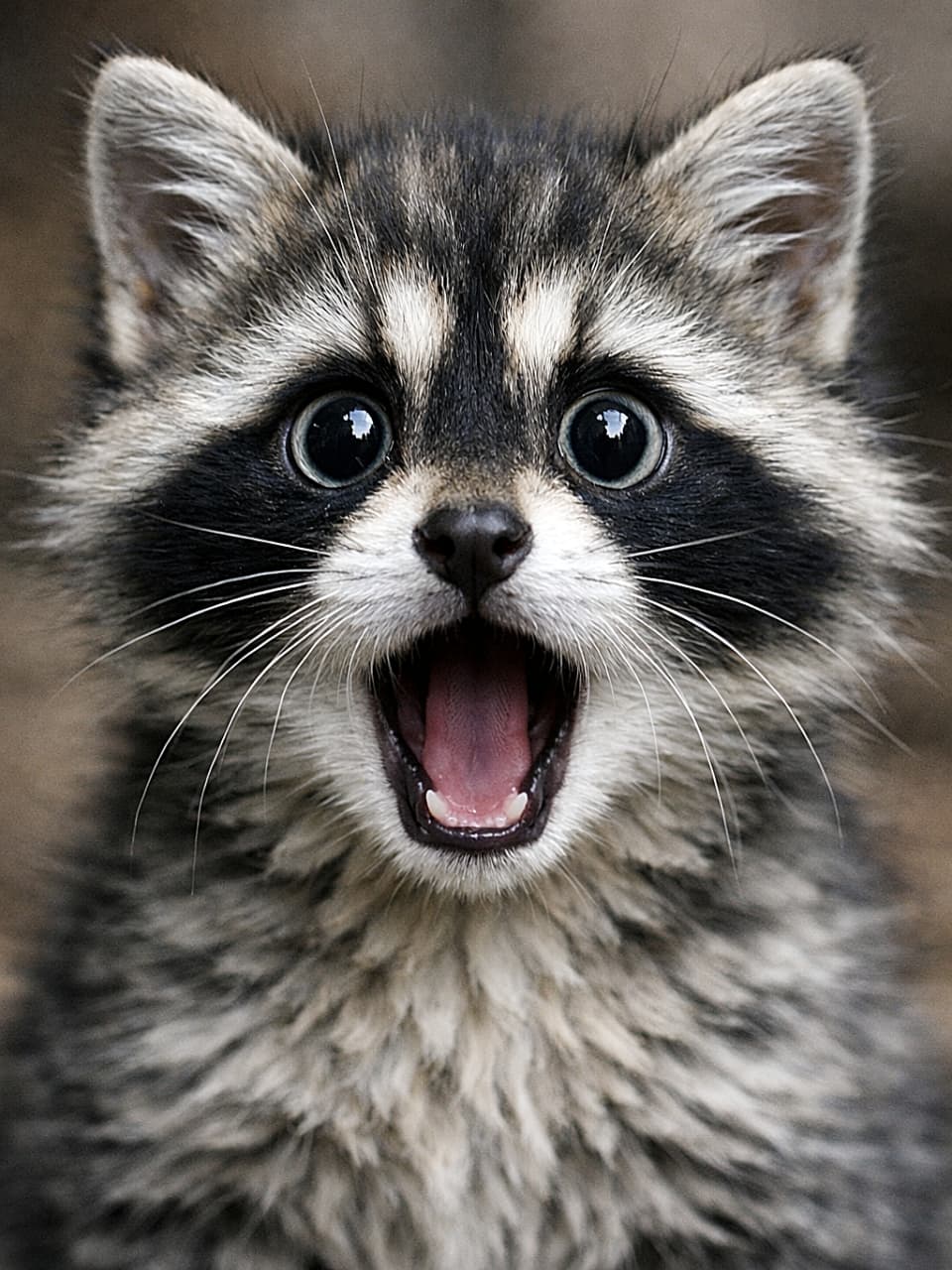「目の周りのくっきりしたアイマスク模様で、まるでアライグマのように見える小さな子猫。目と口を大きく開いたびっくり顔がユーモラスで、思わず視線を引き寄せる瞬間🐾」A photorealistic close-up of a small raccoon-like animal with kitten-like proportions, wide eyes and mouth open in a shocked expression, dark mask markings around the eyes resembling a raccoon. 目を大きく見開き口をぽかんと開けて驚いた表情の小さな動物のクローズアップ。目の周りに濃いアイマスク模様があり、子猫のような体つきだがアライグマのようにも見える外見
