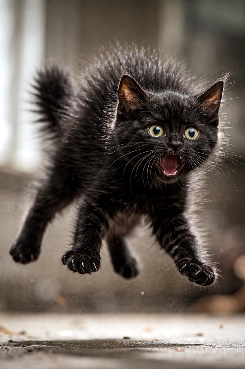 「突然の大きな音にびっくり!毛を逆立てた黒い子猫が、目を丸くして空中へジャンプした決定的な一瞬を高速シャッターでキャッチ。まるで漫画のようなリアクションが愛らしい一枚🐾」Photorealistic high-speed capture of a startled black kitten mid-jump, fur standing on end and eyes wide open, reacting to a sudden loud noise. 大きな音に驚き、毛を逆立てて宙に跳び上がる黒い子猫を高速シャッターで捉えたフォトリアルな写真。目を大きく見開いた瞬間