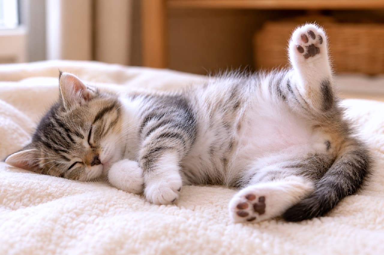 「夢の中でバレエでも踊ってるのかな？🩰 足ピーンってしたまま爆睡してる姿が尊すぎる🥺💤 #子猫の寝相 #へそ天 #肉球 #ねこすたぐらむ #子猫のいる暮らし #猫好きさんと繋がりたい #子猫のいる生活 #子猫」Ultra-realistic high-quality photograph of a tabby and white kitten sleeping soundly on a fluffy beige blanket on its back, with one hind leg sticking straight up in the air. Its adorable mixed-color toe beans are visible, creating a funny yet deeply relaxing scene with blurred wooden furniture behind. ふかふかのベージュの毛布の上で仰向けになり、後ろの左足を真っ直ぐ天に突き上げた奇妙なポーズで爆睡するキジ白子猫の高画質写真。可愛らしいピンクと焦げ茶が混ざった肉球が見え、幸せそうにギュッと閉じた目元が癒やしを与える。背景の木製家具が温かみを添えている