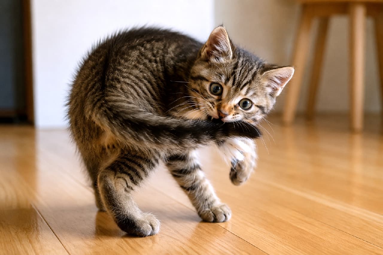 「「えっ、これ私のしっぽニャの？🙀」自分のしっぽを捕まえてドヤ顔する姿にキュン死確定💘 #猫の変なポーズ #キジトラ #子猫の遊び #子猫のいる暮らし #猫好きさんと繋がりたい #キジトラ #子猫のいる生活 #子猫」Ultra-realistic high-quality photograph of a cute brown tabby kitten on a wooden floor, playfully biting the tip of its own tail while twisting its body to look back directly at the camera with large, innocent eyes. Blurred wooden furniture forms the background. 木目の美しいフローリングの上で、自分の黒いしっぽの先を口にくわえたまま後ろを振り返るキジトラ子猫の高画質写真。まん丸の大きな目でこちらを見つめるキョトンとした表情と、体をひねったアクロバティックで変なポーズが非常に愛らしい。背景には木製家具が柔らかくボケている