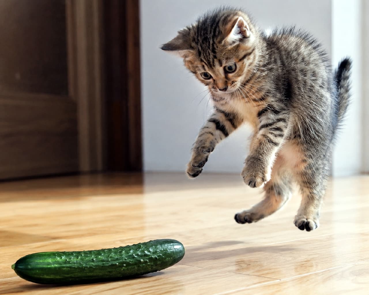 「きゅうりドッキリ、見事に大成功！？🥒💥 まるでバネがついてるみたいな見事なジャンプ力に脱帽です😹🚀 #きゅうりと猫 #ビビリ猫 #ねこすたぐらむ #猫好きさんと繋がりたい #キジトラ #子猫のいる生活 #おもしろ猫 #子猫」Ultra-realistic high-quality photograph of a tabby kitten jumping exceptionally high in the air, terrified of a green cucumber on the wooden floor below. The kitten is curled mid-air, staring intently at the cucumber with a panicked expression. Natural light illuminates its fur against a simple white wall and wooden door background. フローリングの床に置かれた一本のきゅうりに驚愕し、空高く飛び上がっているキジトラ子猫の高画質写真。空中で丸まりながら視線はきゅうりに釘付けになっており、耳を少し伏せたパニック状態の表情と、ピンと張った尻尾から極度の驚きが伝わってくる。右側からの自然光が猫の毛並みを美しく照らし出し、背景の白い壁とドアがシンプルな空間を演出している