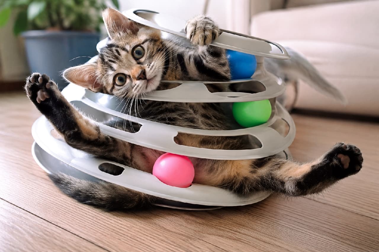 「「ちょっと挟まっちゃったニャ🐾」おもちゃを遊び尽くす斬新すぎるスタイルに思わずクスッとしちゃう🤣 #おもしろ猫 #キジトラ #猫のおもちゃ #ねこすたぐらむ #子猫のいる暮らし #猫好きさんと繋がりたい #キジトラ #子猫のいる生活 #子猫」Ultra-realistic high-quality photograph of a playful tabby kitten stuck inside a tiered circular ball track toy with colorful balls. It lies with its hind legs spread wide, staring at the camera with a confident, comical expression. 室内で多段式のボール遊び用おもちゃ（タワー）の中にスッポリと挟まってしまったキジトラ子猫の高画質写真。ピンク、青、緑のボールと一緒に窮屈そうに収まりつつ、後ろ足を大胆に広げてカメラを見つめるドヤ顔がたまらなくコミカル