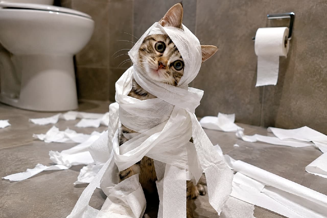 「「えっ、呼んだ？😼」大惨事のド真ん中で、全く悪びれないこのキョトン顔！許すしかない😂🧻 #イタズラ猫 #やっちまったな #猫好きさんと繋がりたい #キジトラ #子猫のいる生活 #おもしろ猫 #子猫」Ultra-realistic high-quality photograph of a tabby and white kitten sitting in a modern grey-tiled bathroom, completely tangled and wrapped up in toilet paper like a mummy. Torn paper is scattered all over the floor around it. The kitten tilts its head with a perfectly innocent expression. シックなグレーのタイル張りのバスルームで、全身にトイレットペーパーをぐるぐる巻きにされたミイラのような状態のキジ白子猫の写真。周囲の床には引き裂かれたペーパーが散乱しており、奥には白いトイレの便器が見える。イタズラの現行犯にもかかわらず、首を傾げて「何か問題でも？」と言わんばかりの無垢でキョトンとした表情が非常に愛らしい