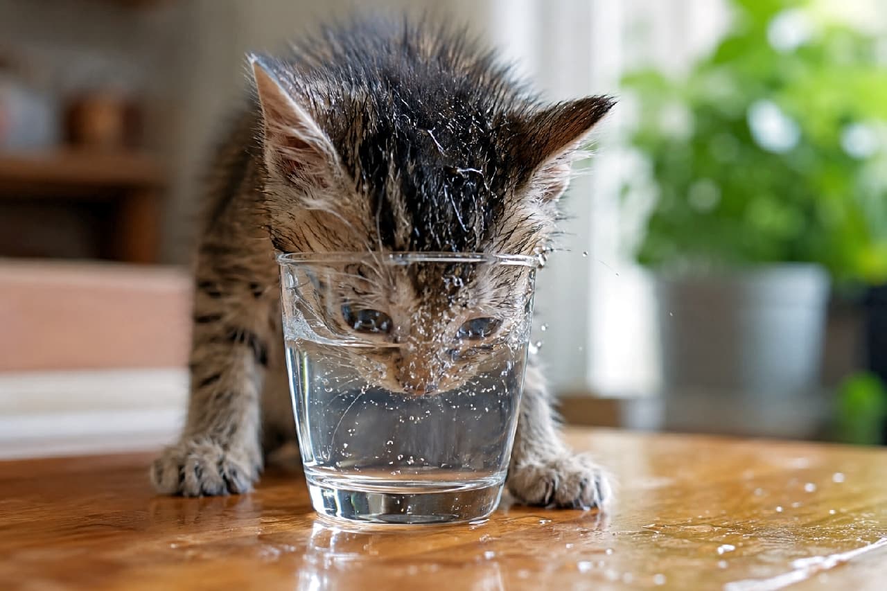 「飲み方のクセが強すぎる！！🚰 お顔びしょびしょになりながらの必死な水分補給が愛おしい😹💦 #水飲み猫 #キジトラ #びしょ濡れ猫 #ねこすたぐらむ #子猫のいる暮らし #猫好きさんと繋がりたい #キジトラ #子猫のいる生活 #子猫」Ultra-realistic high-quality photograph of a tabby kitten with its face shoved into a clear glass of water on a wooden table. Its fur is soaking wet, with water splashing dynamically, capturing a hilarious and frantic cross-eyed drinking moment. 木のテーブルに置かれた透明なガラスコップに顔をすっぽり突っ込んで水を飲むキジトラ子猫の高画質写真。顔周りの被毛が水でびしょ濡れになり、水しぶきが弾ける躍動感と、無我夢中で水を飲む必死な寄り目がシュールな笑いを誘う