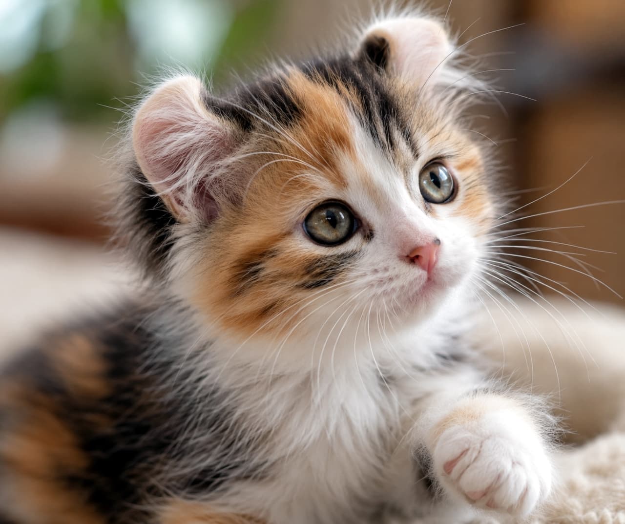 「反り耳がチャームポイント👂🧡 三毛のアメリカンカールちゃん、お外が気になる45度アングル🐾✨」Ultra-realistic high-quality photograph of an American Curl kitten in a calico coat. Highlights the unique backward-curled ears and large amber eyes. The kitten looks up to the right from a 45-degree angle with a playful expression. One paw is visible. アメリカンカールの三毛(キャリコ)の子猫。後ろに反った特徴的な耳、大きな琥珀色の目、ピンクの鼻。45度のアングルで右斜め上を見上げ、遊び心のある表情。前足が少し見える。背景は暖色のボケ