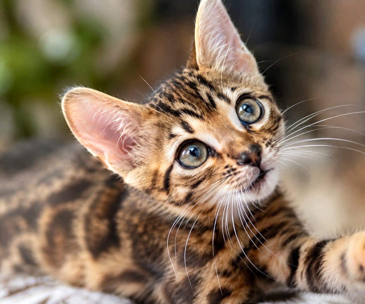 「野生的なマーブル模様がかっこいい!好奇心いっぱいで元気なベンガルの45度アングル🐾🐆」Ultra-realistic high-quality photograph of a Bengal kitten in a brown marble coat. The 45-degree angle highlights the wild marble pattern, alert ears, and large shining eyes. The kitten's curious pose with a stretched paw is dynamically captured with soft lighting and a blurred background. ベンガルのブラウンマーブルの子猫。45度アングルから、野生的なマーブル模様の被毛と、ピンと立った耳、大きく輝く瞳がシャープに捉えられている。前脚を伸ばした好奇心旺盛なポーズが、自然光と滑らかな背景のボケによってダイナミックに引き立っている