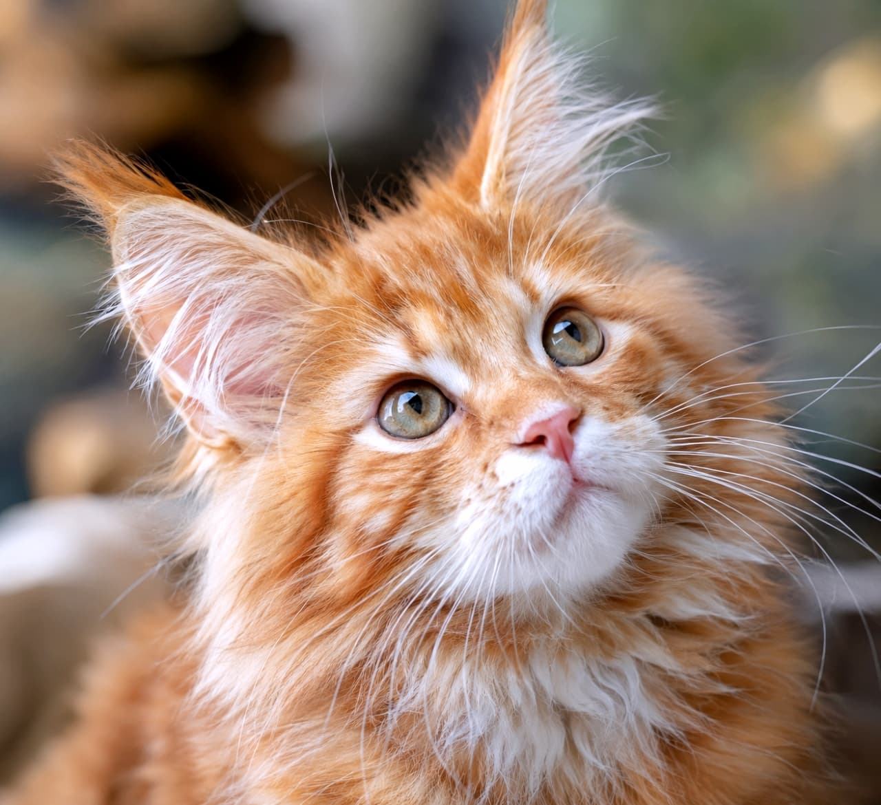 「耳先の飾り毛がワイルドでかっこいい!堂々としたメインクーンの絶妙な45度アングル🦁✨」Ultra-realistic high-quality photograph of a Maine Coon kitten with a red tabby coat. Captured from a 45-degree angle, highlighting its large tufted ears (lynx tips) and strong muzzle. Soft natural light illuminates the bushy red tabby fur against a smooth bokeh background. メインクーンのレッドタビーの子猫。45度アングルから見上げるポーズで、先端に飾り毛(リンクスティップ)のある大きな耳と、力強いマズルが特徴的。暖かみのあるレッドタビーのふさふさとした被毛が自然光に輝き、背景の滑らかなボケが堂々とした表情を一層際立たせている
