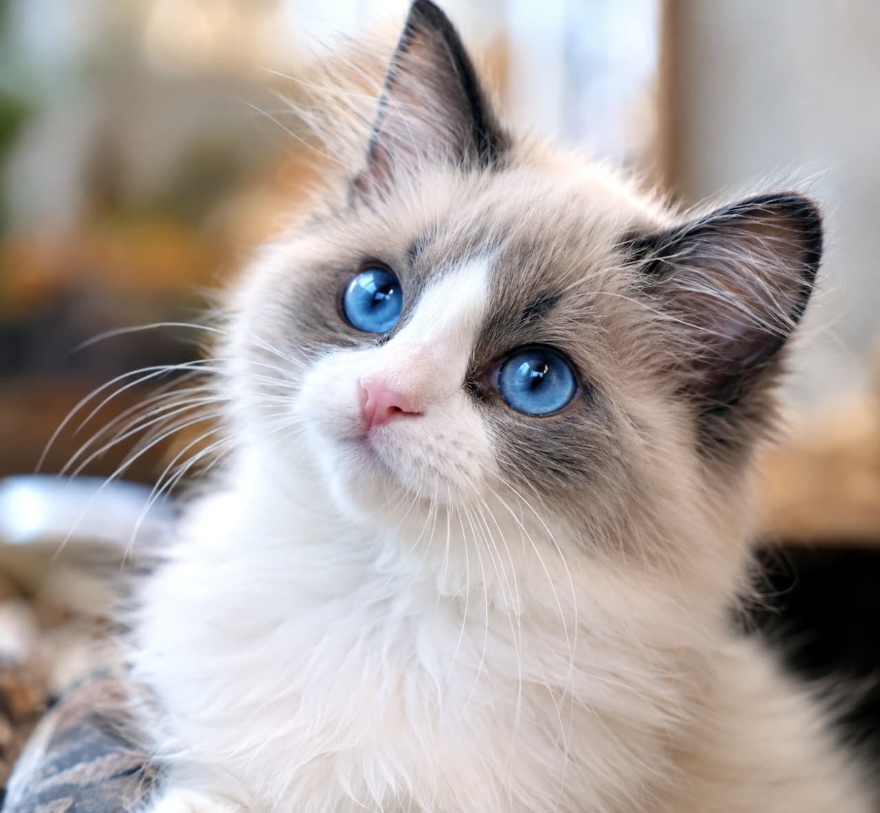 「この瞳に吸い込まれたい…💙 ラグドールちゃんの夢見がちな45度アングルにメロメロです😍✨」Ultra-realistic high-quality photograph of a Ragdoll kitten with a blue point bicolor coat. Features striking sapphire blue eyes, the distinctive white inverted V facial marking, and soft long fur. The kitten is looking upward from a 45-degree angle with a gentle expression. ラグドールのブルーポイントバイカラーの子猫。サファイアブルーの大きな瞳、特徴的な白いハチワレ、フワフワの長毛。45度のアングルで上を見上げ、穏やかで愛らしい表情。ピンクの鼻がアクセント