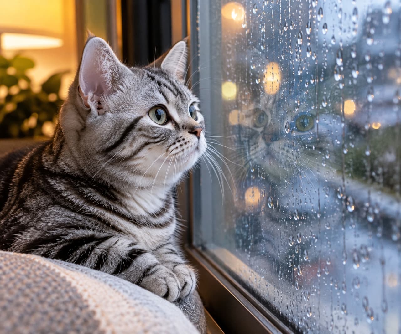 「雨の日はお家でまったり外の観察☔ ガラスに映る横顔も、アンニュイな雰囲気もたまらなく魅力的です✨」Ultra-realistic high-quality photograph of a silver tabby American Shorthair cat looking thoughtfully out a rain-streaked window. The warm interior lights reflect on the glass, creating a moody, cinematic atmosphere around the cat's profile. 水滴が無数についた窓ガラス越しに、雨の降る外の景色を静かに見つめるアメリカンショートヘア。室内の温かいオレンジ色の灯りがガラスに反射し、美しいシルバータビーの横顔と窓に映り込む猫の影が、メランコリックで叙情的な雰囲気を醸し出す高精細な写真