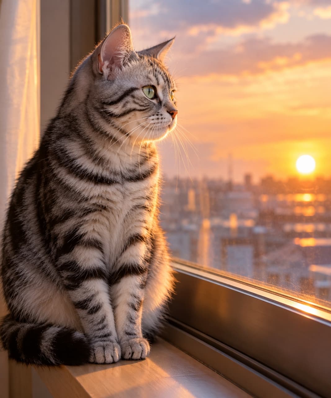 「綺麗な夕焼け空に何を想うのかな?🌇 哀愁漂う美しい横顔に、思わず見惚れてしまうエモーショナルな一枚です🐈✨」Ultra-realistic high-quality photograph of a silver tabby American Shorthair cat sitting peacefully by a window, its profile bathed in the golden light of a spectacular sunset over the cityscape. 茜色に染まる夕暮れの街並みを背に、窓辺に静かに佇むアメリカンショートヘア。沈みゆく太陽の黄金色の光が、美しいシルバーのクラシックタビーの輪郭をドラマチックに照らし出し、哀愁と穏やかさが漂う横顔を捉えた写真