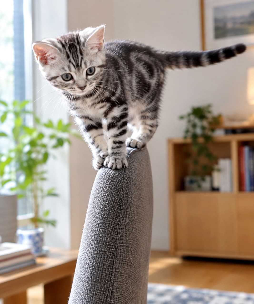 「足場ヨシ!しっぽでバランス、ヨシ!😼 身体能力の高さをアピールする小さなチャレンジャーに拍手です👏✨」Ultra-realistic high-quality photograph of a playful American Shorthair kitten skillfully balancing on the narrow back of a grey dining chair in a bright room, looking down with intense focus and an extended tail. 明るい室内のダイニングチェアの細い背もたれの上に器用に四つ足で立ち、バランスをとるアメリカンショートヘアの子猫。ピンと伸ばしたしっぽと、足元を真剣に見つめるグリーンの瞳、そして全身の躍動感あふれるシルバータビー模様が捉えられたユーモラスな一枚