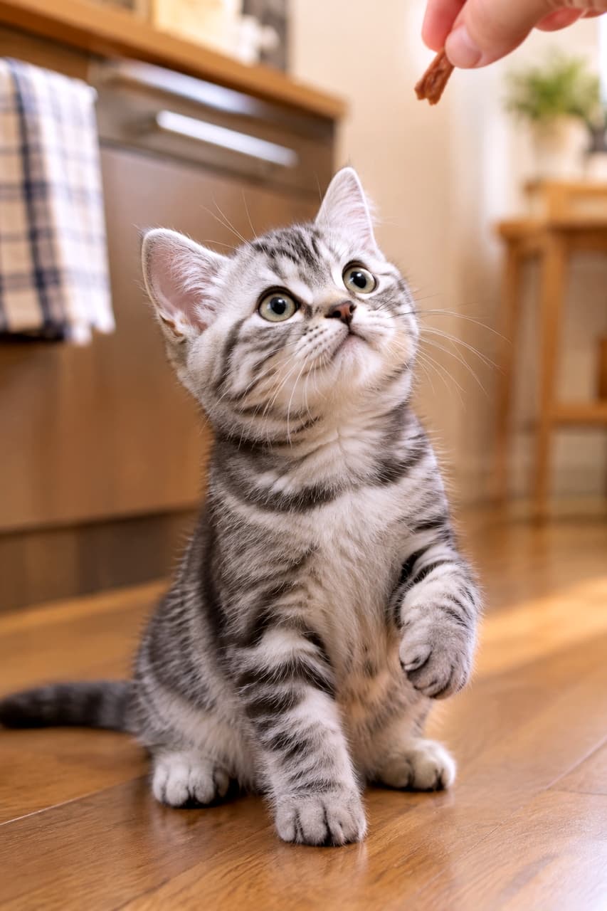 「おやつへの熱い視線がたまらない!👀✨ こんな真剣なお顔で見つめられたら、無限におやつを貢ぎたくなっちゃいますね💕」Ultra-realistic high-quality photograph of an American Shorthair kitten with gorgeous silver tabby fur sitting on a wooden floor, looking up at a treat with big emerald green eyes, bathed in warm natural light. 暖かい自然光が差し込むフローリングの部屋で、おやつを持つ人間の手を期待に満ちた真ん丸なエメラルドグリーンの瞳で見上げるアメリカンショートヘアの子猫。美しいシルバータビーの被毛が光に照らされ、ちょこんと上げた前足が愛らしい瞬間を捉えた写真