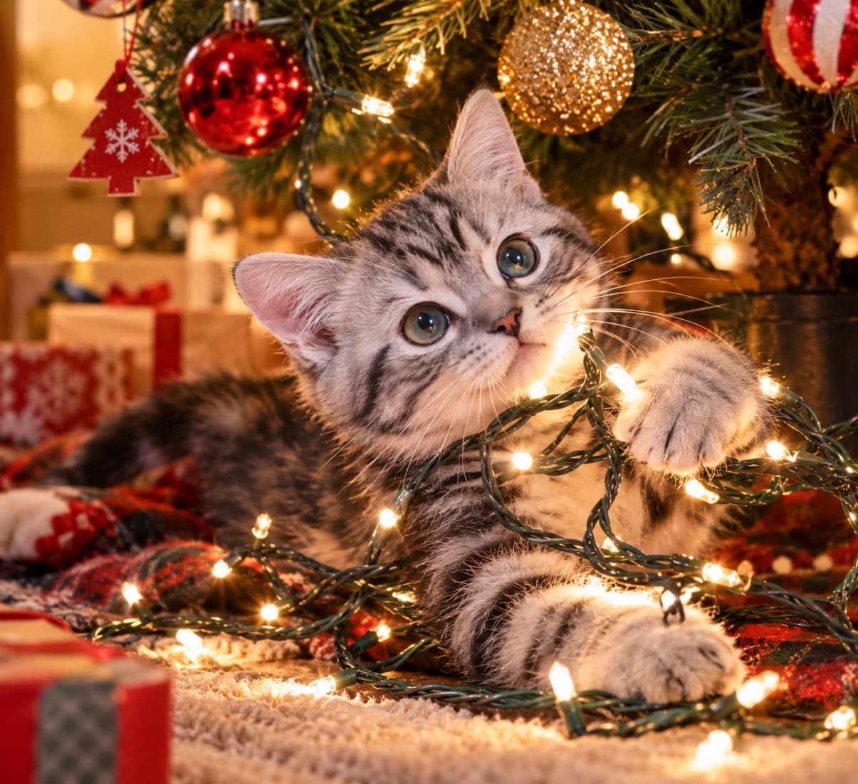「キラキラ光る魔法のヒモみーつけた!🎄✨イタズラ中の真剣な瞳から目が離せなくなりますね🐈」Ultra-realistic high-quality photograph of a silver tabby American Shorthair kitten playing with warm glowing string lights under a Christmas tree, its large green eyes and beautiful coat illuminated by the festive holiday lights. 暖かいオレンジ色の光に包まれたクリスマスツリーの下で、イルミネーションのコードにじゃれつくアメリカンショートヘアの子猫。キラキラと輝く光が美しいシルバータビーの被毛と、好奇心で丸くなった大きな緑色の瞳をドラマチックに照らし出すホリデーシーズンの写真