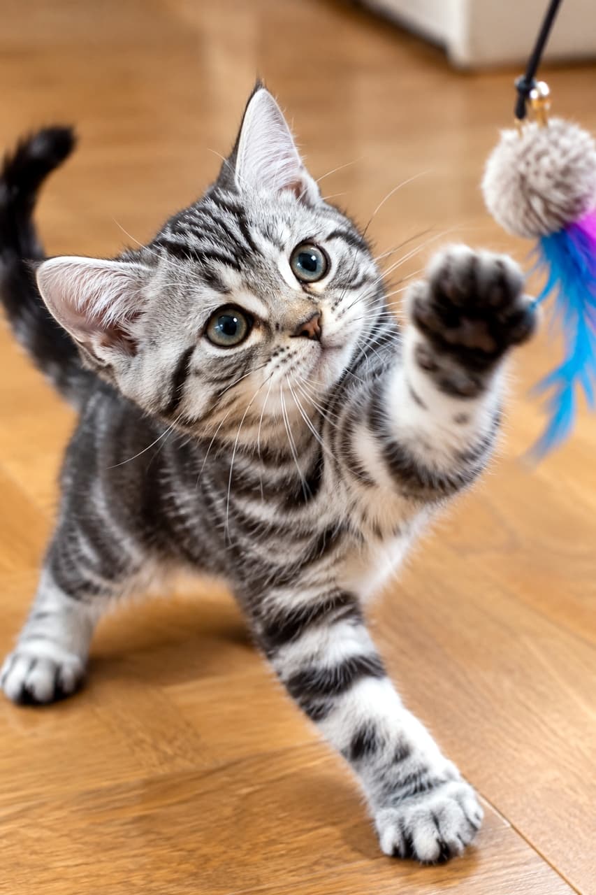 「おもちゃ絶対捕まえるにゃー!🐾🔥真剣な眼差しとパッと開いたおててが最高にチャーミングで、何度でも遊んであげたくなりますね✨」Ultra-realistic high-quality photograph of a playful American Shorthair kitten on a wooden floor, reaching out with its right paw fully extended to catch a colorful feather toy, capturing intense focus, wide eyes, and dynamic movement. 木のフローリングの上で、カラフルな羽のついた猫じゃらしのおもちゃに向かって力強く右前足を伸ばすアメリカンショートヘアの子猫。ピンと張ったヒゲ、大きく見開かれた真剣な瞳、広げた指先まで、遊びに対する圧倒的な集中力と躍動感が捉えられた高精細な写真