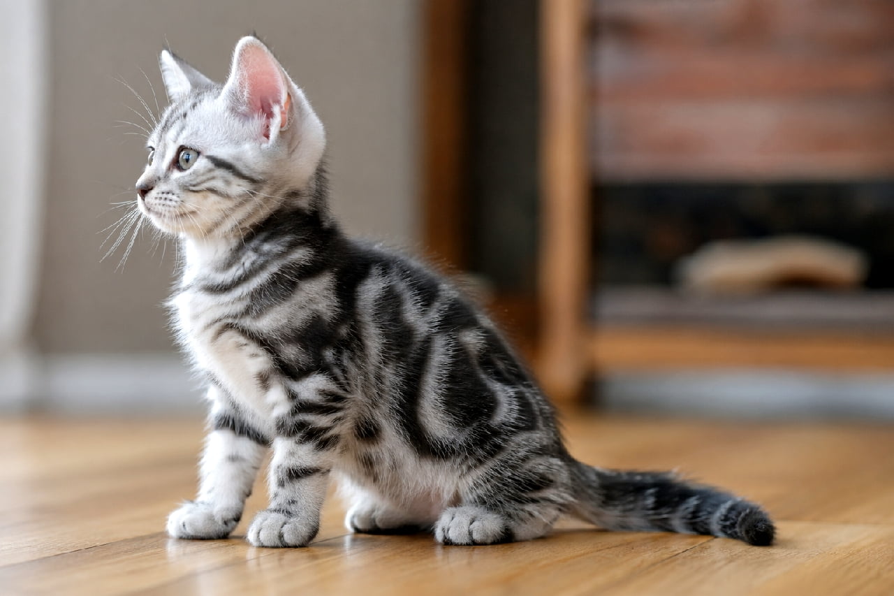 「シルバータビーの美しい模様にくぎづけ🐈‍⬛💎ちょこんとお座りした横顔がたまらなくクール！✨ #アメショ #猫のいる暮らし」Ultra-realistic high-quality photograph of an American Shorthair silver tabby kitten sitting in a full side profile pose. The detailed classic tabby patterns and sharp, upright ears are perfectly focused against a warmly blurred wooden floor and furniture background. 木の床にお座りをして左を向いている、アメリカンショートヘア（シルバータビー）の子猫の高画質な全身横顔。シルバーと黒のコントラストが美しいクラシックタビーの模様が鮮明に描かれ、しっかりとした骨格と凛々しい表情が魅力的です。背景のぼやけた木製家具が温かみを添えています