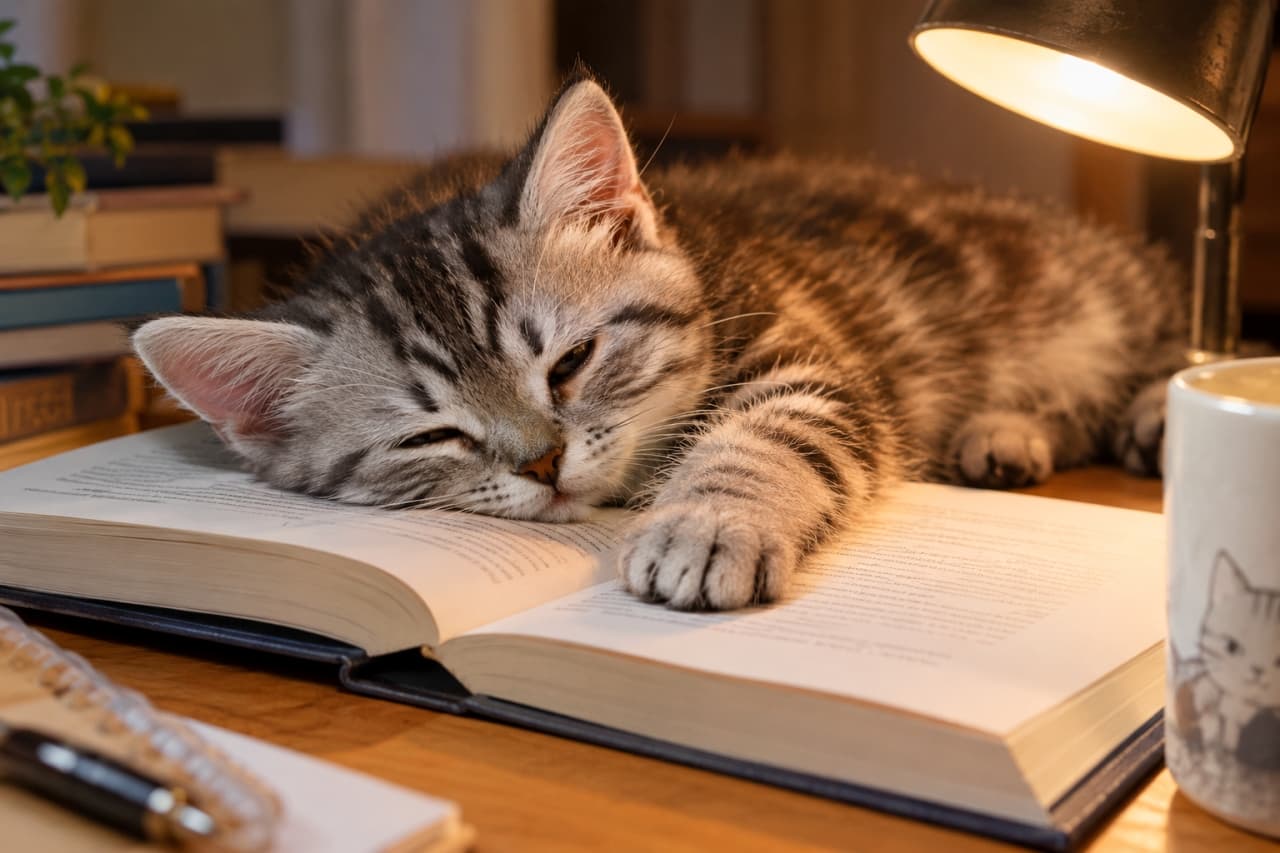 「お勉強のお手伝いはここまでニャ📖💤ランプの優しい光の下で眠りに落ちてしまった無防備な姿に癒やされますね🌙」Ultra-realistic high-quality photograph of a silver tabby American Shorthair kitten sleeping peacefully on an open book, illuminated by the warm orange glow of a desk lamp, with one fluffy paw resting on the pages. デスクライトの温かいオレンジ色の光の下、開いた分厚い本の上にペタッと伏せて熟睡するアメリカンショートヘアの子猫。ページに伸ばしたもふもふの右前足と、安心しきった寝顔、鮮明なシルバータビー模様が、夜の静かな読書タイムの温もりを感じさせる写真