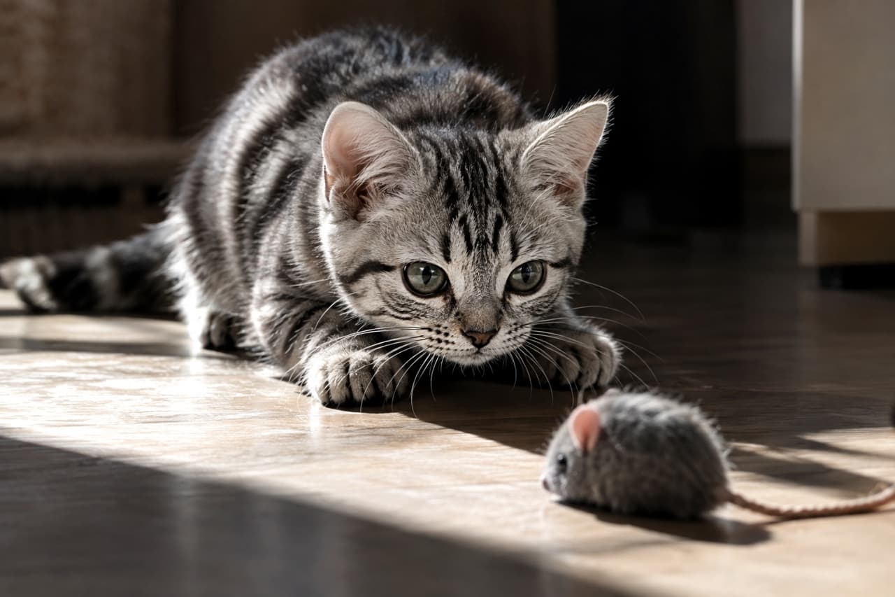 「狙った獲物は絶対に逃さないにゃ!🐱🔥 ハンターモード全開の鋭い視線と、低く構えたフォルムが最高にクールです💨」Ultra-realistic high-quality photograph of a silver tabby American Shorthair kitten crouching low on a sunlit wooden floor, intensely stalking a small toy mouse with wide, focused eyes, ready to pounce. 強い日差しが差し込むフローリングの上で、ネズミのおもちゃをターゲットに定め、姿勢を低くして飛びかかる直前のアメリカンショートヘアの子猫。瞳孔を開いた鋭い眼差しと、力強く踏ん張る前足がハンティング本能を感じさせる一枚