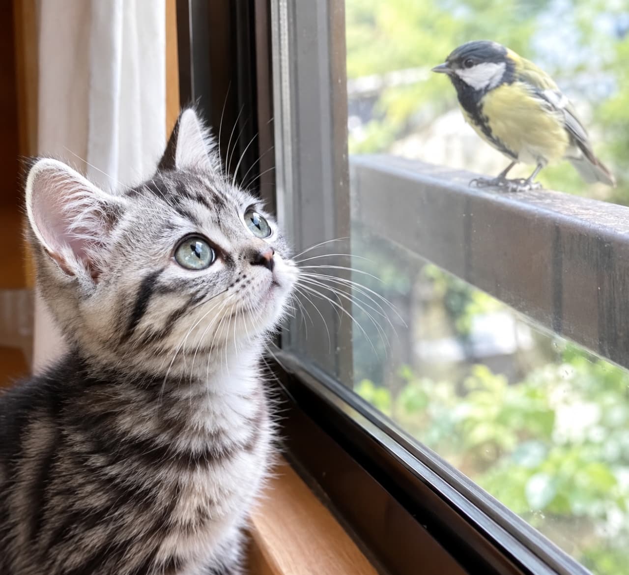 「はじめましてのお友達?🐦✨窓ガラス越しの小さな訪問者に釘付けな、真剣でピュアな眼差しがたまりませんね💕」Ultra-realistic high-quality photograph of a curious silver tabby American Shorthair kitten sitting by a window, gazing intensely with wide emerald green eyes at a small bird perched just outside, framed by lush green bokeh. 窓際にちょこんと座り、ガラス越しに現れたシジュウカラを不思議そうに見つめるアメリカンショートヘアの子猫。好奇心で真ん丸に見開かれたエメラルドグリーンの瞳と、ピンと立った耳、美しいシルバータビーの毛並みが、外の緑のボケ味と相まってドラマチックな情景を描く写真