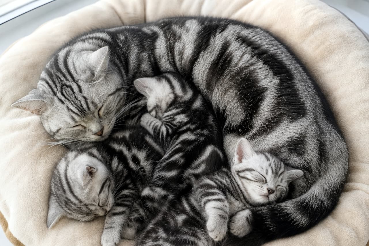 「ママの温もりが一番の特等席🐈💕ギュッと集まって眠るアメショファミリーの姿に、心の底からポカポカと温かい気持ちになりますね🍀」Ultra-realistic high-quality photograph of an American Shorthair mother cat and her three tiny kittens sleeping peacefully, tightly curled up together in a fluffy round cat bed, showcasing a beautiful intertwining of their silver tabby patterns. ふかふかの丸いベッドの中で、母猫にぴったりと身を寄せて眠る3匹のアメリカンショートヘアの子猫たち。4匹の美しいシルバータビーの模様がパズルのように絡み合い、平和で穏やかな寝顔が並ぶ、生命の温もりと深い親子の愛情を感じさせる高精細な写真
