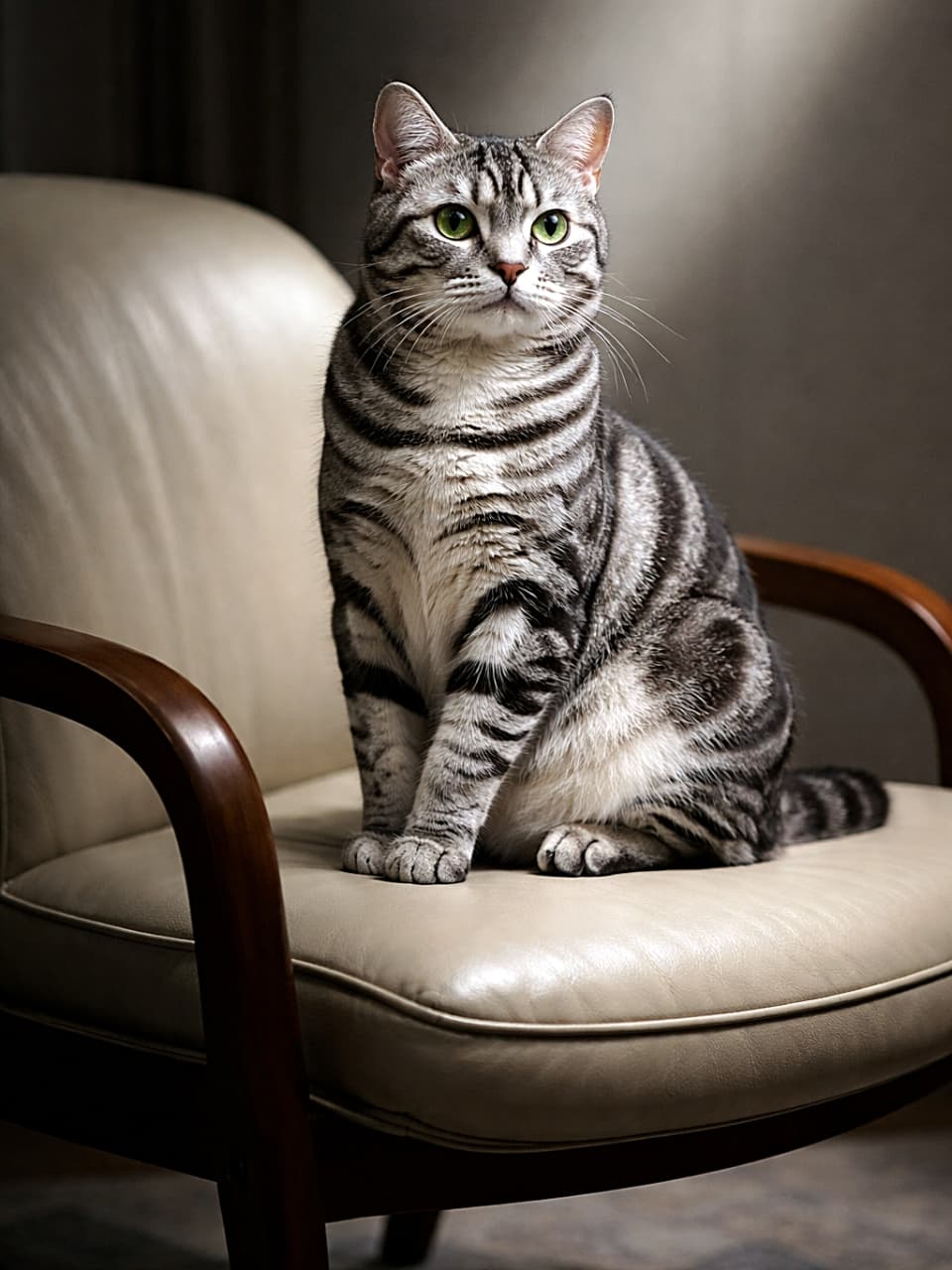 「本日の主役はこちら。貫禄100%の椅子王子🐾✨」Realistic American Shorthair cat sitting elegantly on a designer chair, silver tabby stripes highlighted by a soft spotlight in a warm-toned interior. 柔らかなスポットライトに縞模様が浮かび上がる、デザイナーズチェアに優雅に座るリアルなアメリカンショートヘア