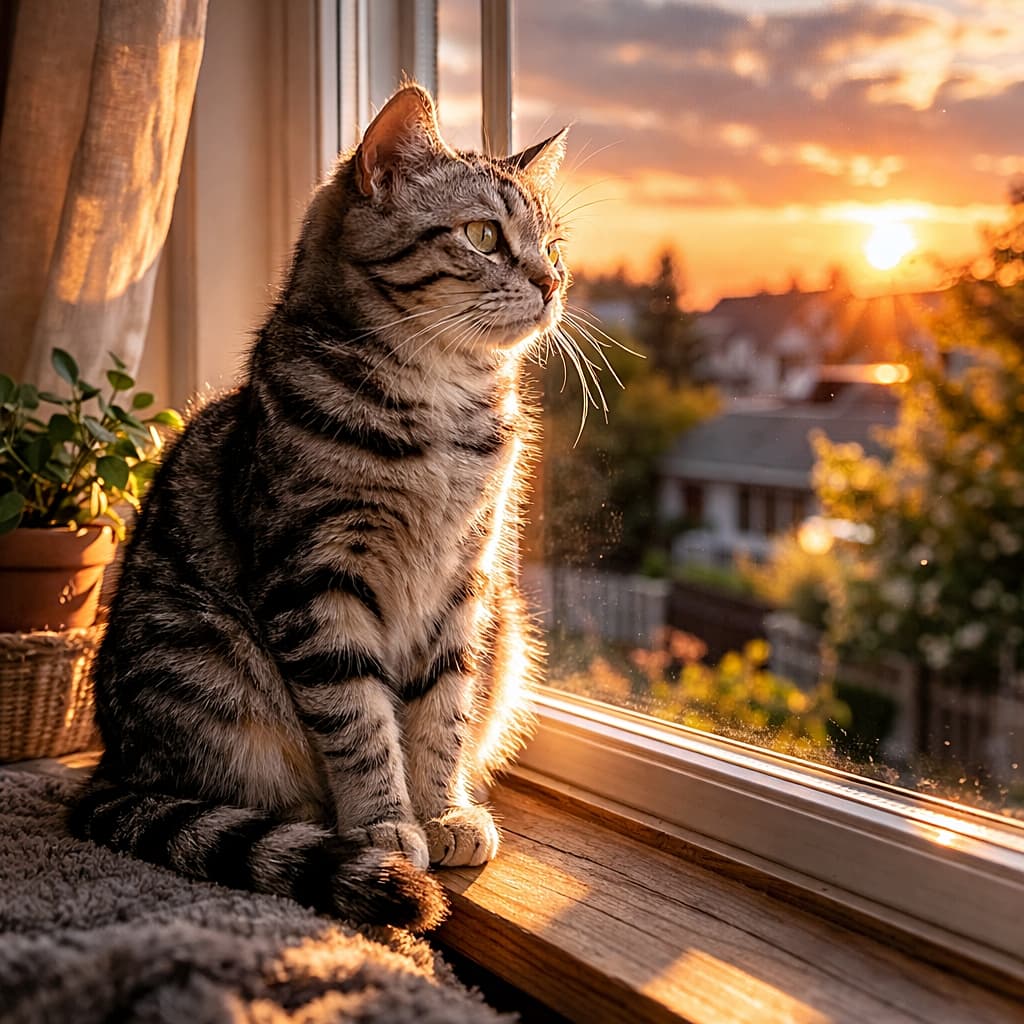 「やわらか夕陽と真剣まなざし。小さな哲学タイム」American Shorthair on a cozy windowsill in warm sunset light, soft golden glow highlighting its face and vivid eyes as it watches the horizon. あたたかな夕陽に包まれた窓辺のアメリカンショートヘア。柔らかな光が顔と瞳を照らし、遠くを静かに見つめている